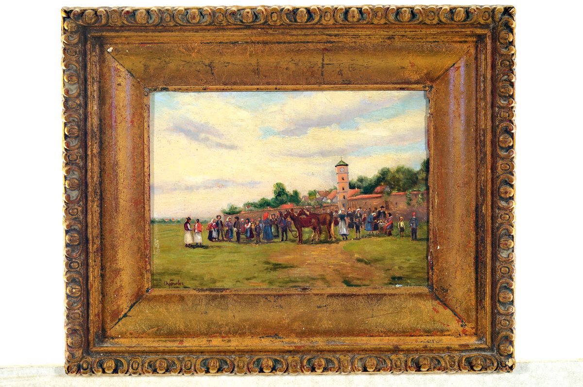 Detail k: Christian Förster, ca. 1826-1902, Menschenversammlung mit Pferden auf einer Wiese vor der Stadtmauer, Öl/Malkarton, links unten sign., ca. ...
