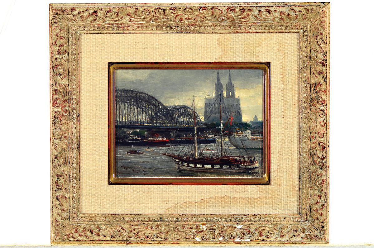 Detail k: Rolf-Dieter Meyer-Wiegand, 1929-2006, Blick auf Köln und den Dom, Öl/Holz, links unten sign., ca. 15x20cm, R. ca. 30x35cm