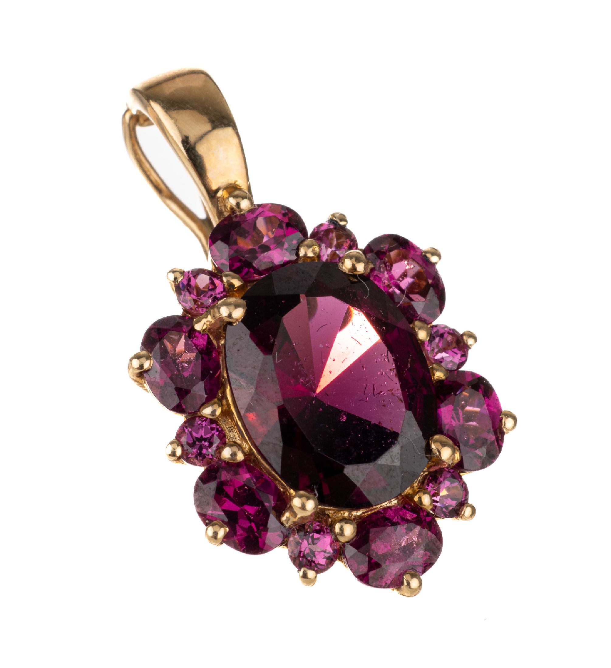 14 kt Gold Almandin-Clipanhänger, GG 585/000, 1 ovalfacett. und 12 rundfacett. Almadine von schöner intensiver Farbe zus. ca. 3.0 ct, L. ca. 2.4 ...