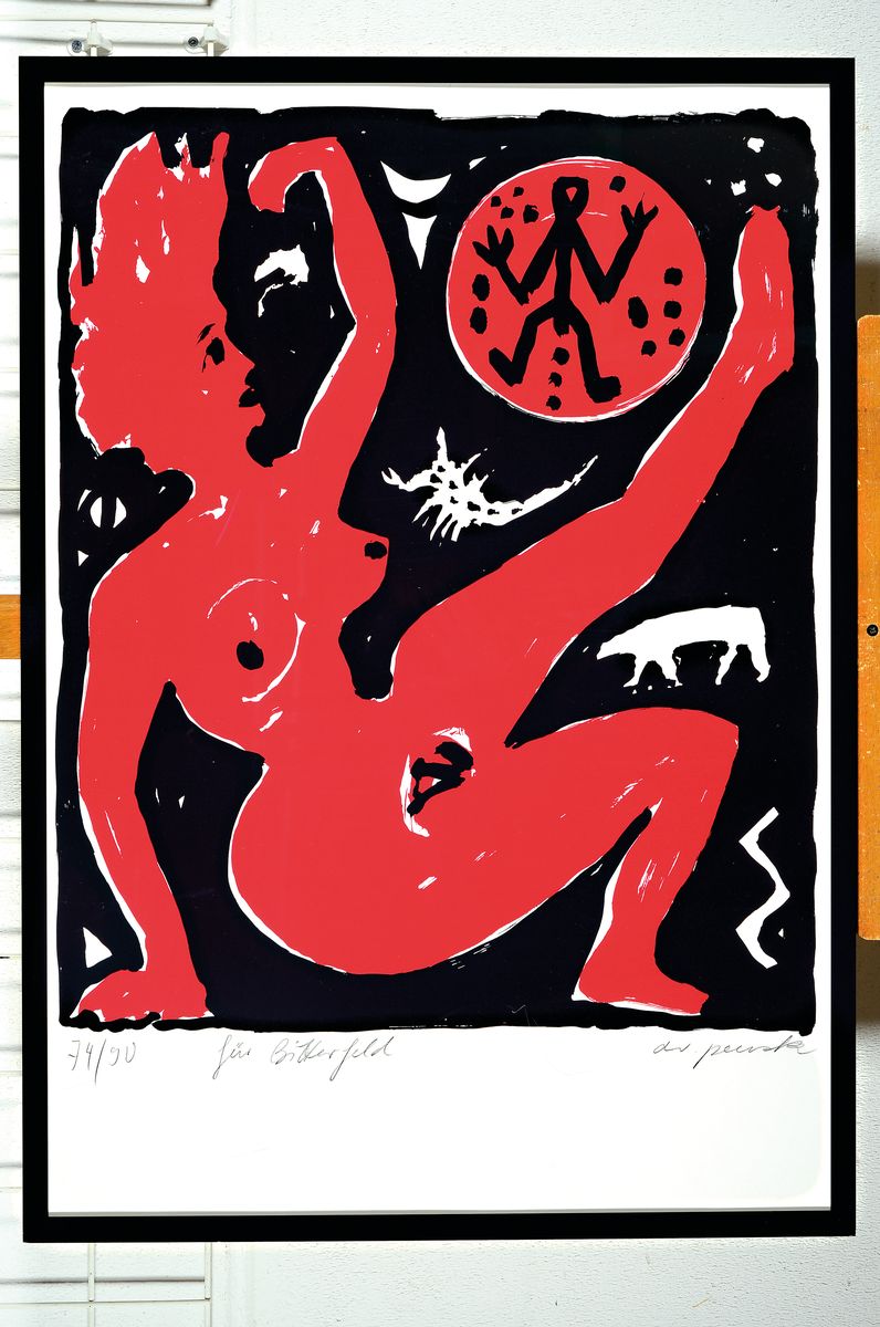 A.R. Penck, 1939-2017, Titel:" Für Bitterfeld-Roter Frauenakt", handsign., num., Blatt ca. 89,5x62,3 cm, unter Glas, gesamt ca. 93x65,5 cm
