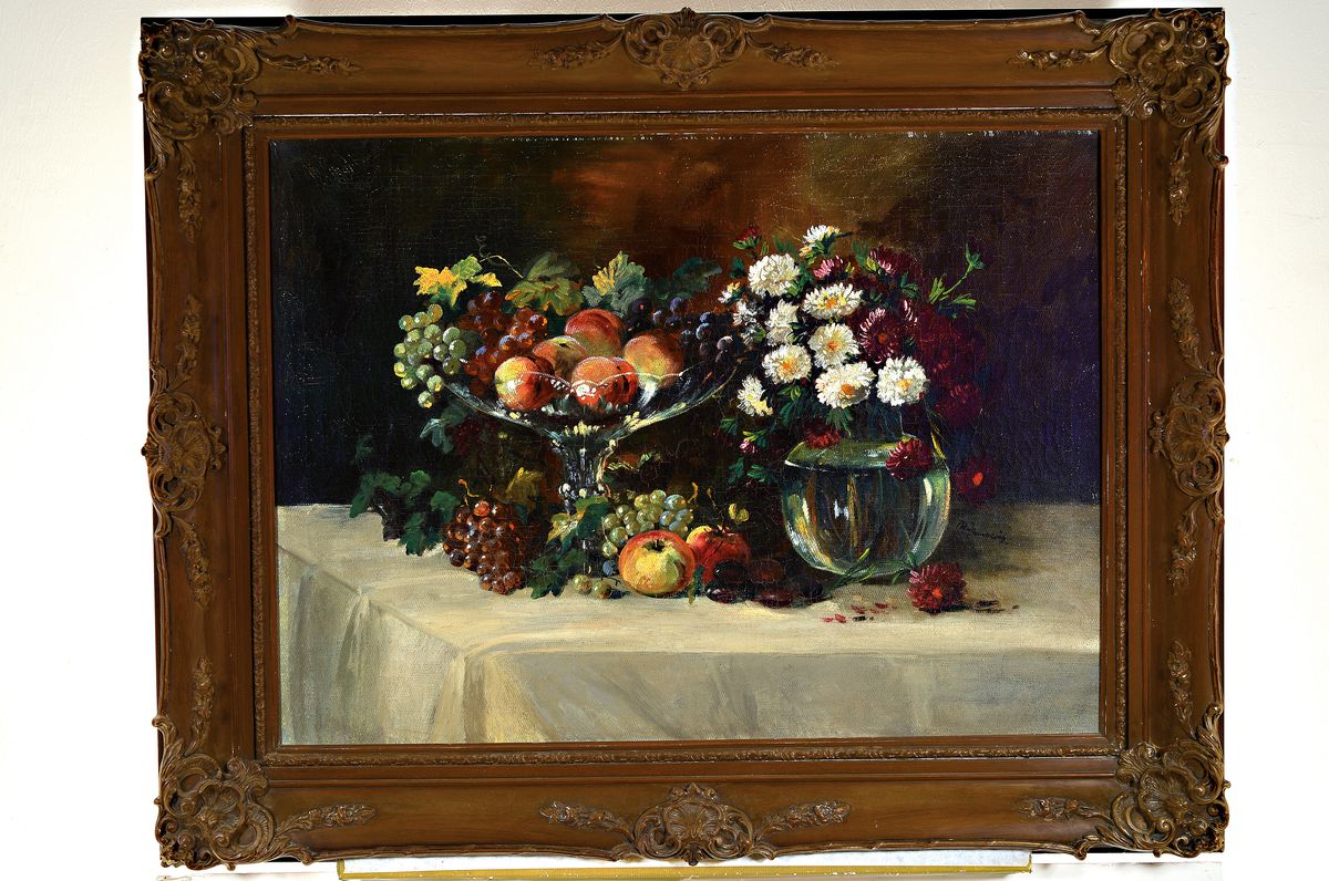 Detail k: P.H. Janowitz, Künstler des frühen 20. Jh., üppiges Stillleben mit Früchten und Blumen, Öl/Lwd, signiert, ca. 70x95cm, Prunkrahmen, dieser ...