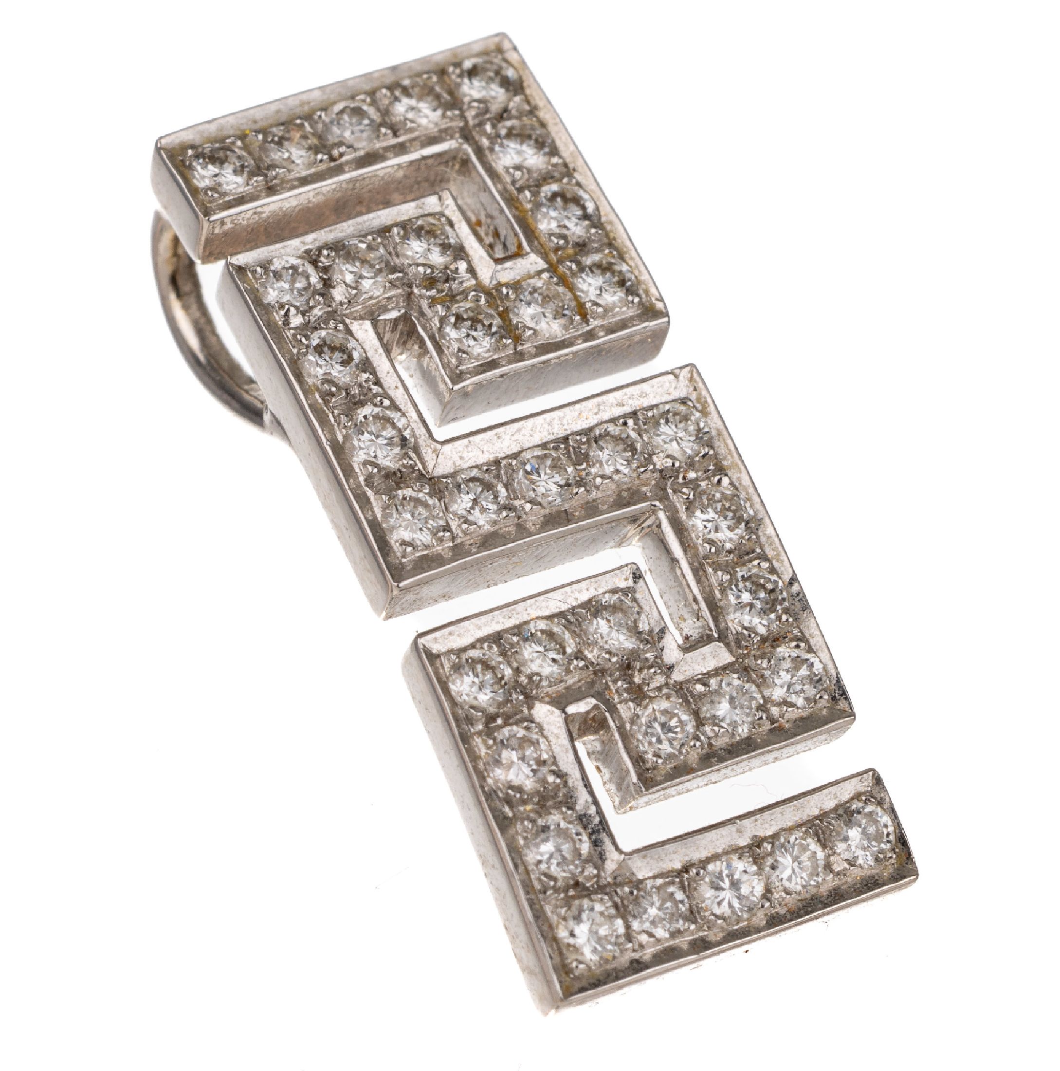 18 kt Gold Brillant-Anhänger, WG 750/000, Mäandermuster mit Brillanten zus. ca. 0.70 ct feines Weiß-Weiß/lr-vs, L. ca. 2 cm, total ca. 4.5 g, ...