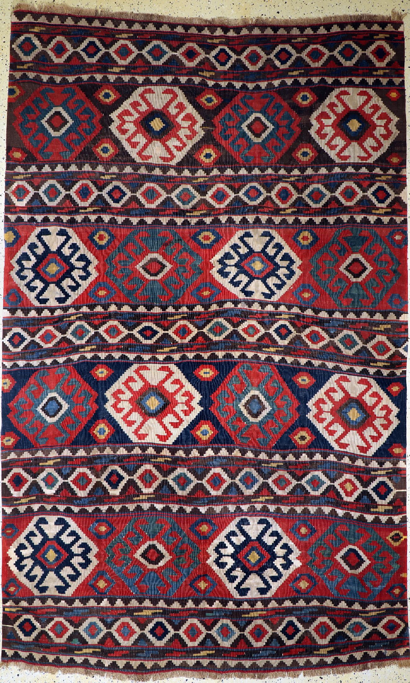 Antiker Kuba Kelim, Kaukasus, 19.Jhd, Wolleauf Wolle, ca. 340 x 210 cm, EHZ: 2(Restauriert)