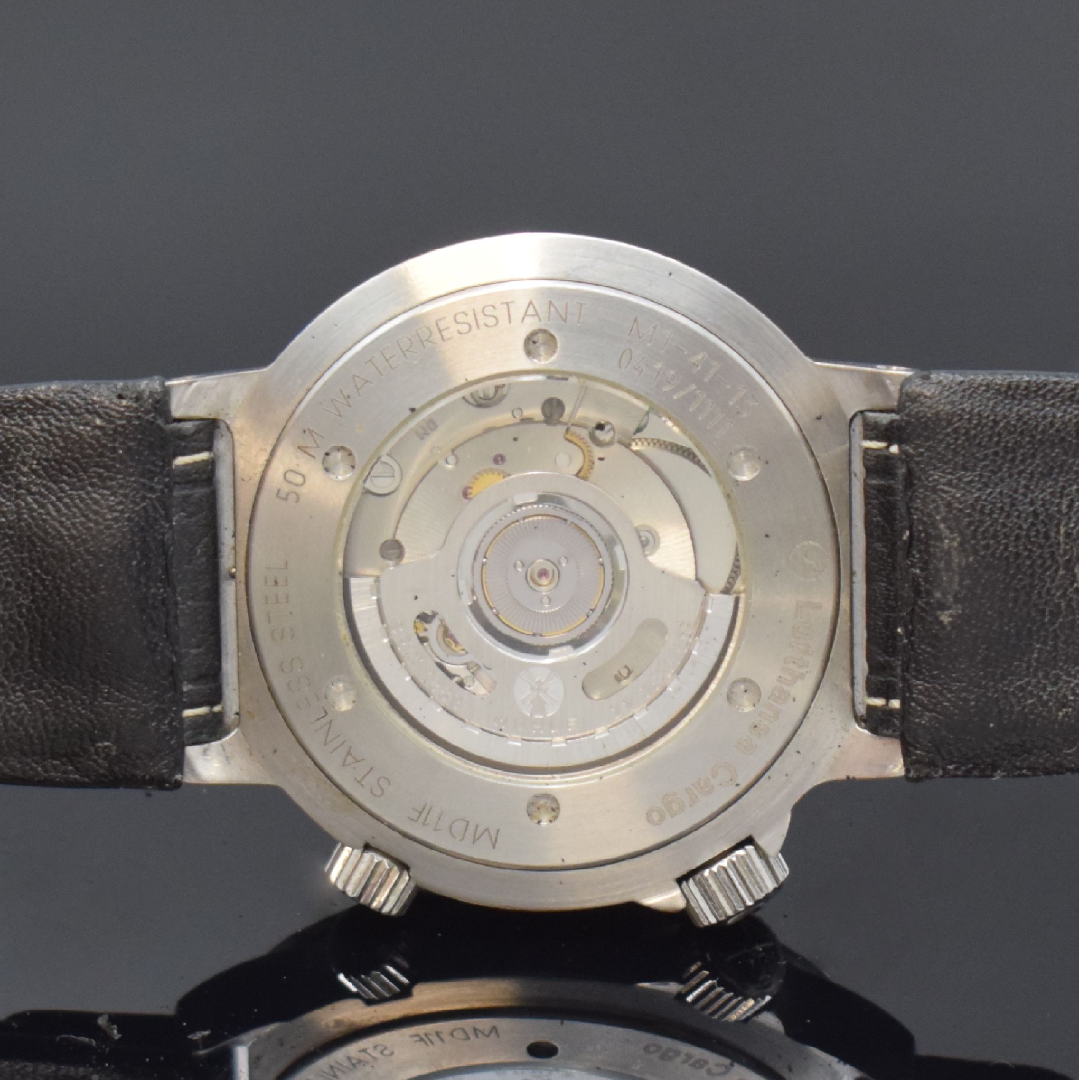 Detail e: NAUTISCHE INSTRUMENTE MÜHLE GLASHÜTTE/SA. Herrenarmbanduhr Modell Global-Timer Referenz M1-41-13, Deutschland um 2005, Automatik, ausverkauftes, ...
