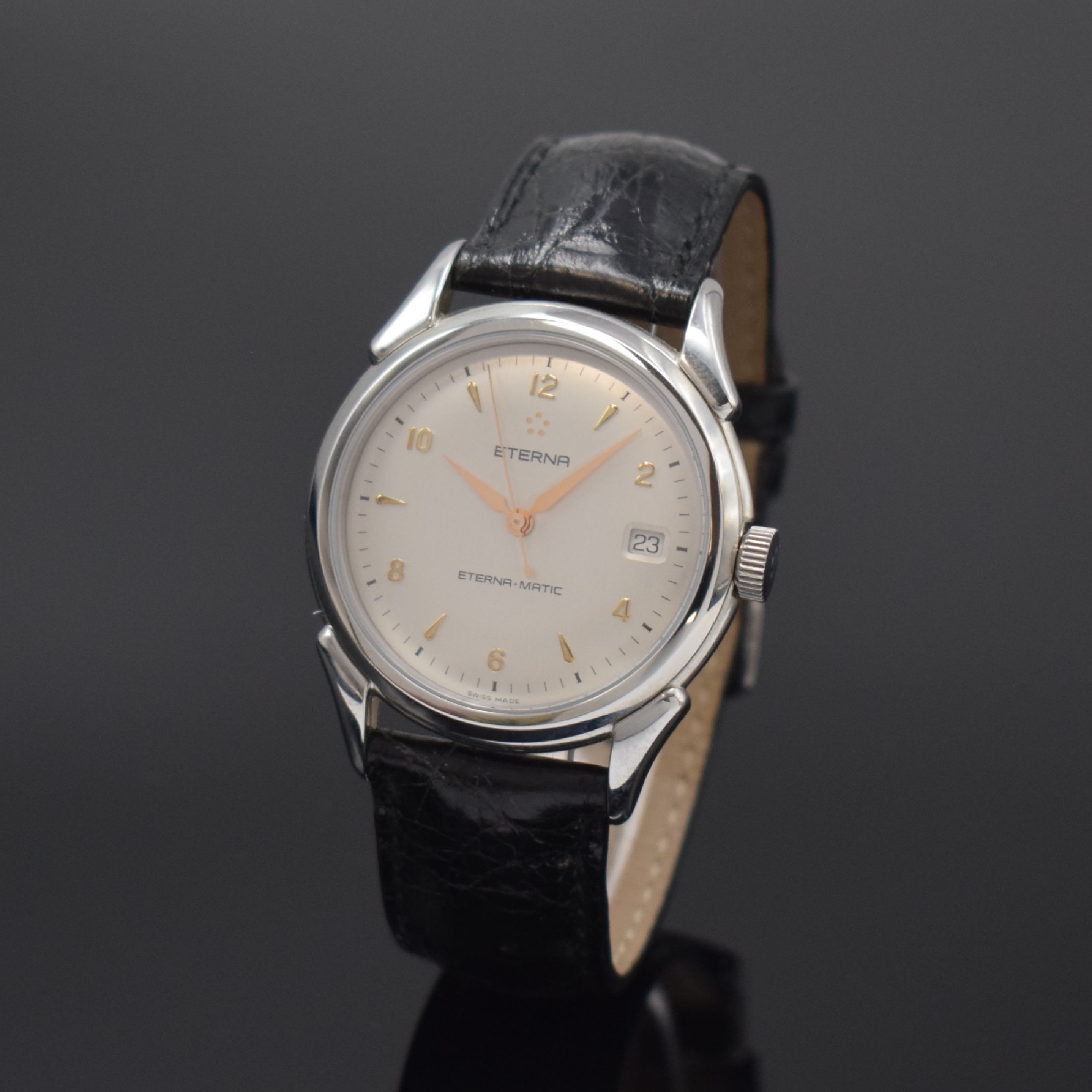 ETERNA-MATIC 1948 Herrenarmbanduhr in Stahl, Schweiz um 1995, Automatik, Boden aufgedr., orig. Lederband m. Dornschl., Saphirgl., silb. Zifferbl. m. ...