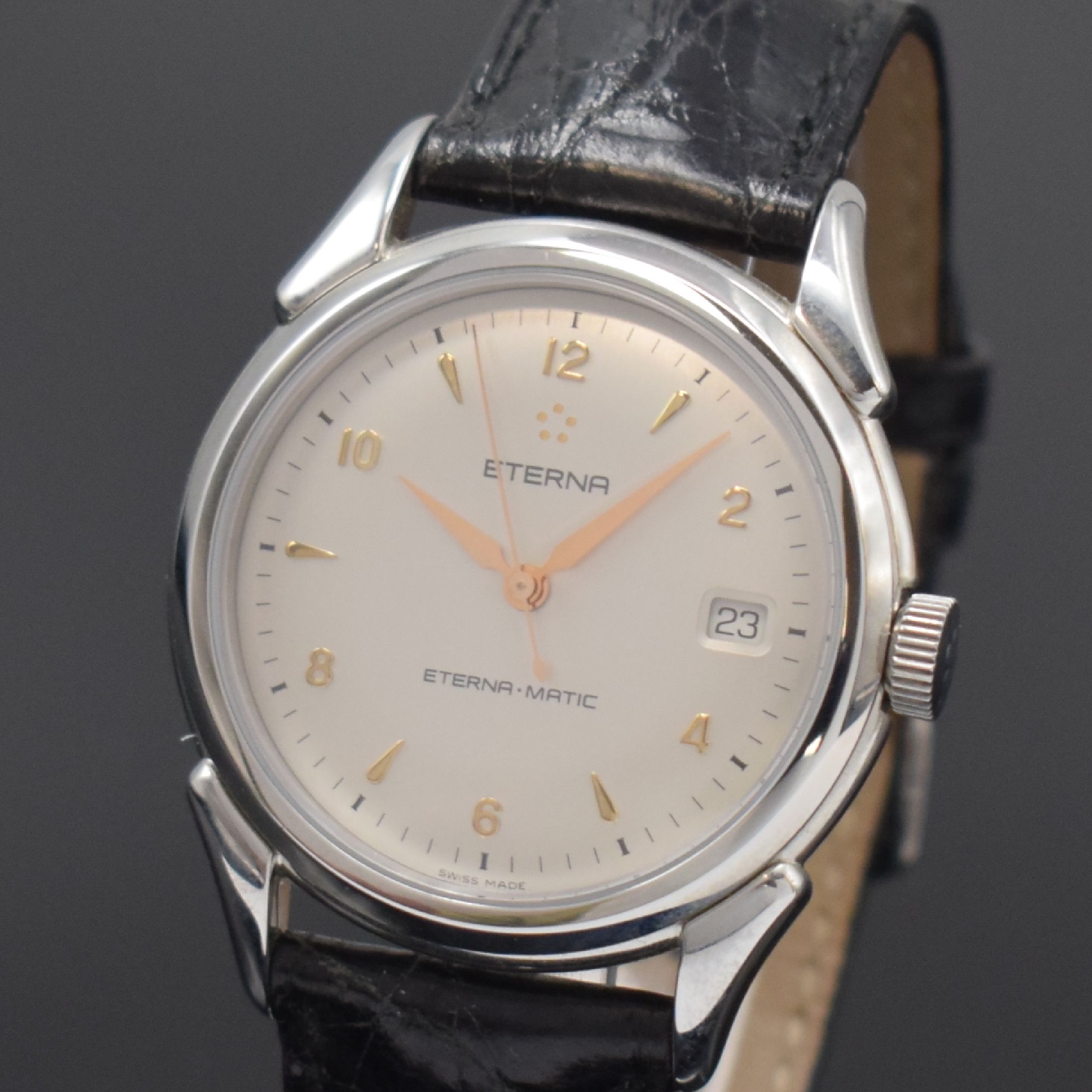 Detail a: ETERNA-MATIC 1948 Herrenarmbanduhr in Stahl, Schweiz um 1995, Automatik, Boden aufgedr., orig. Lederband m. Dornschl., Saphirgl., silb. Zifferbl. m. ...