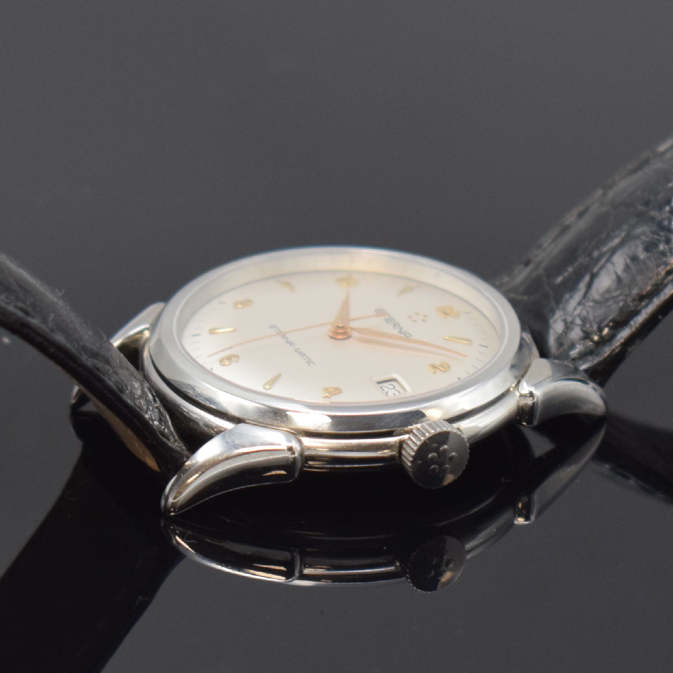 Detail c: ETERNA-MATIC 1948 Herrenarmbanduhr in Stahl, Schweiz um 1995, Automatik, Boden aufgedr., orig. Lederband m. Dornschl., Saphirgl., silb. Zifferbl. m. ...