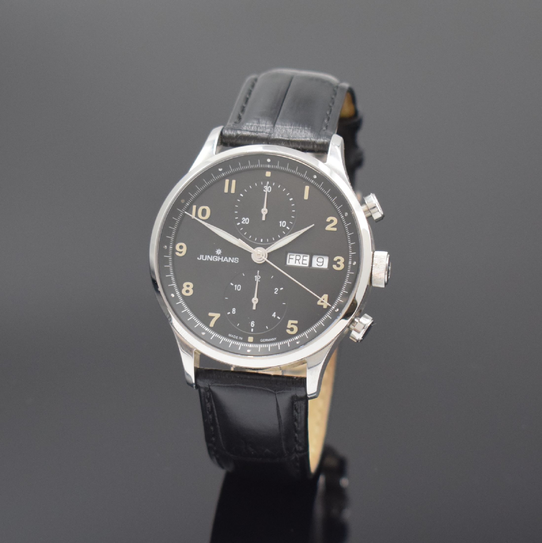 JUNGHANS Attache Chronoscope Herrenchronograph in Stahl Referenz 027/4552, Deutschland um 2010, Automatik, beids. vergl. Geh., Boden 5-fach verschr., ...