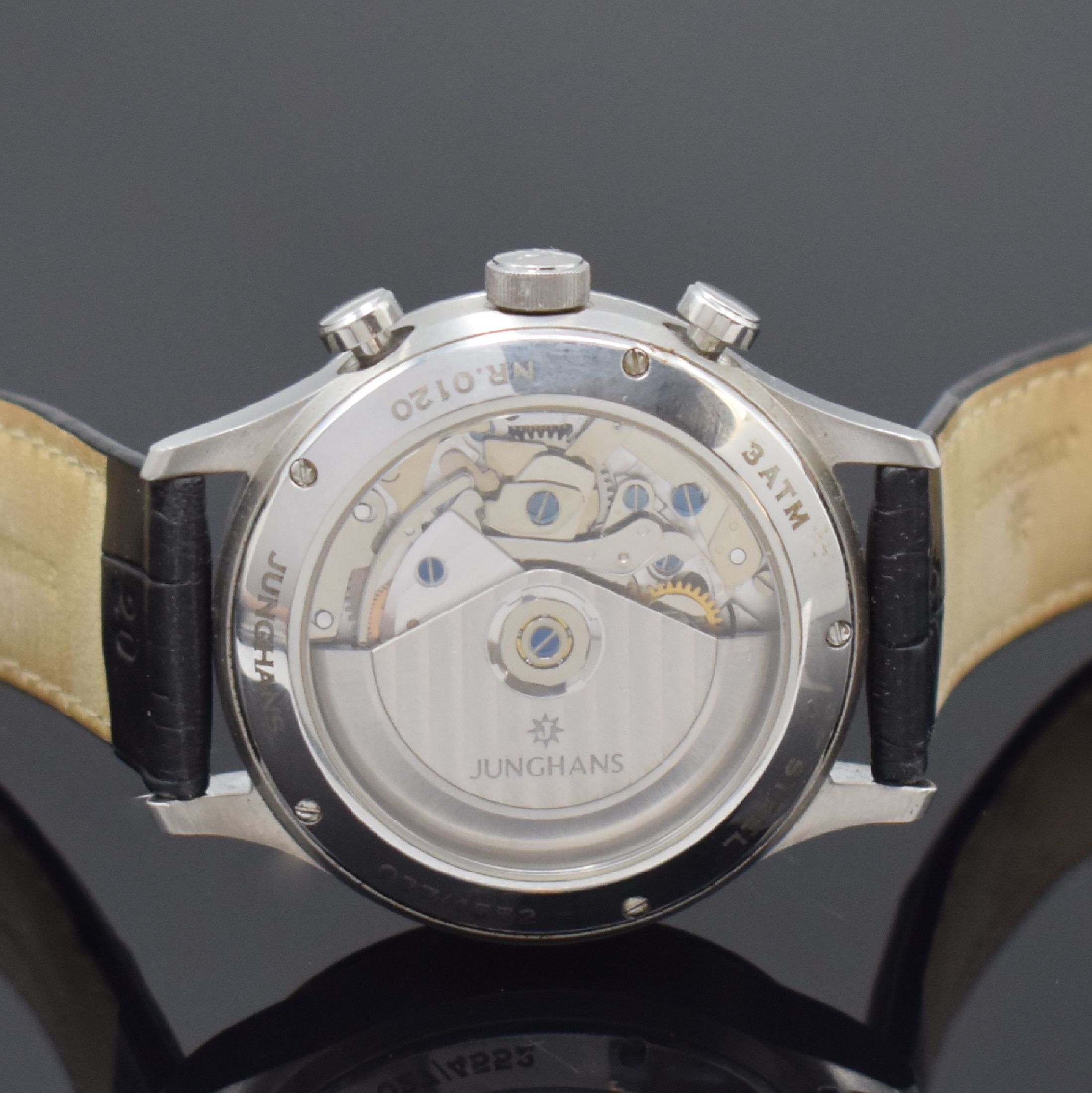 Detail d: JUNGHANS Attache Chronoscope Herrenchronograph in Stahl Referenz 027/4552, Deutschland um 2010, Automatik, beids. vergl. Geh., Boden 5-fach verschr., ...