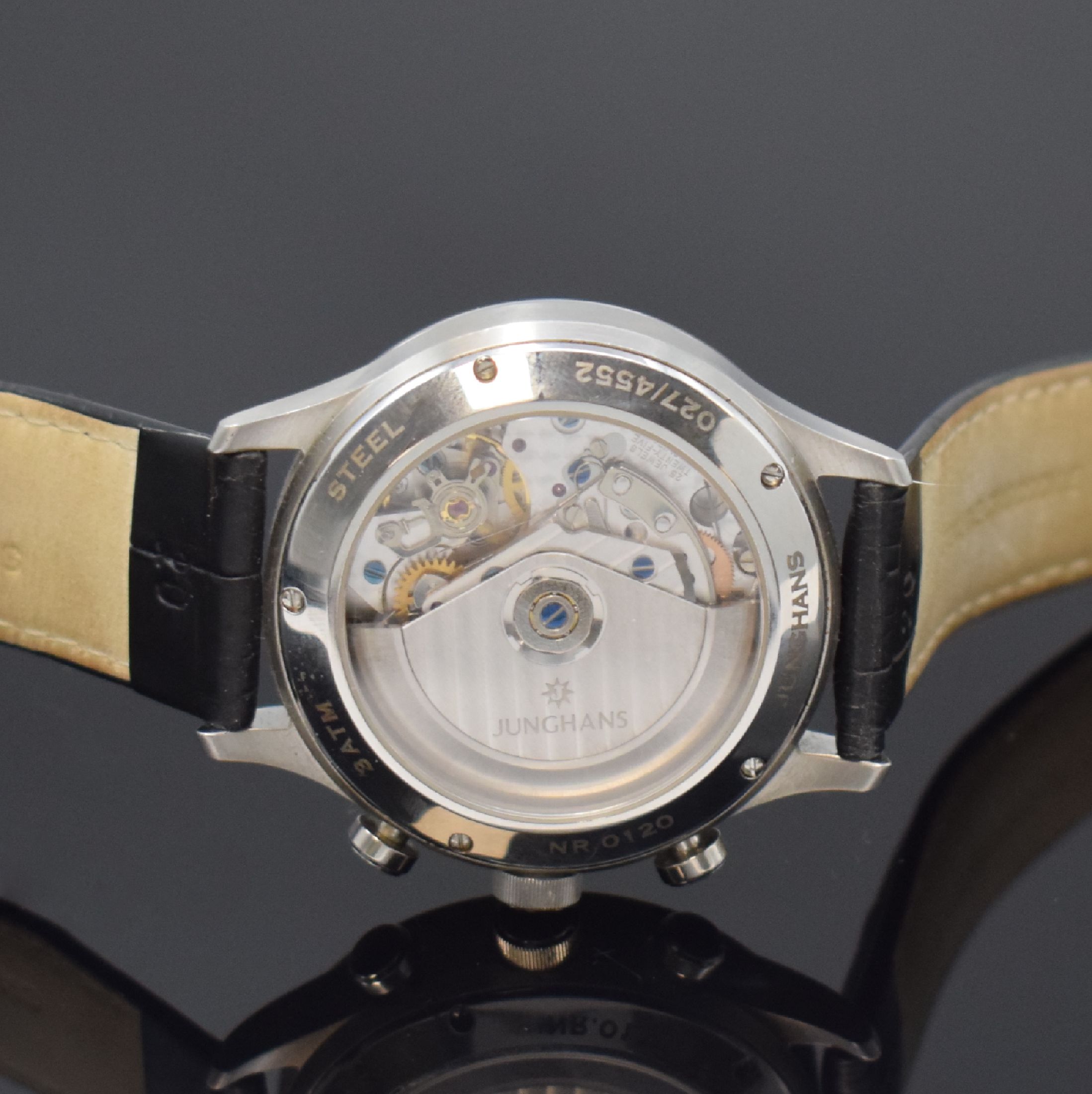 Detail e: JUNGHANS Attache Chronoscope Herrenchronograph in Stahl Referenz 027/4552, Deutschland um 2010, Automatik, beids. vergl. Geh., Boden 5-fach verschr., ...