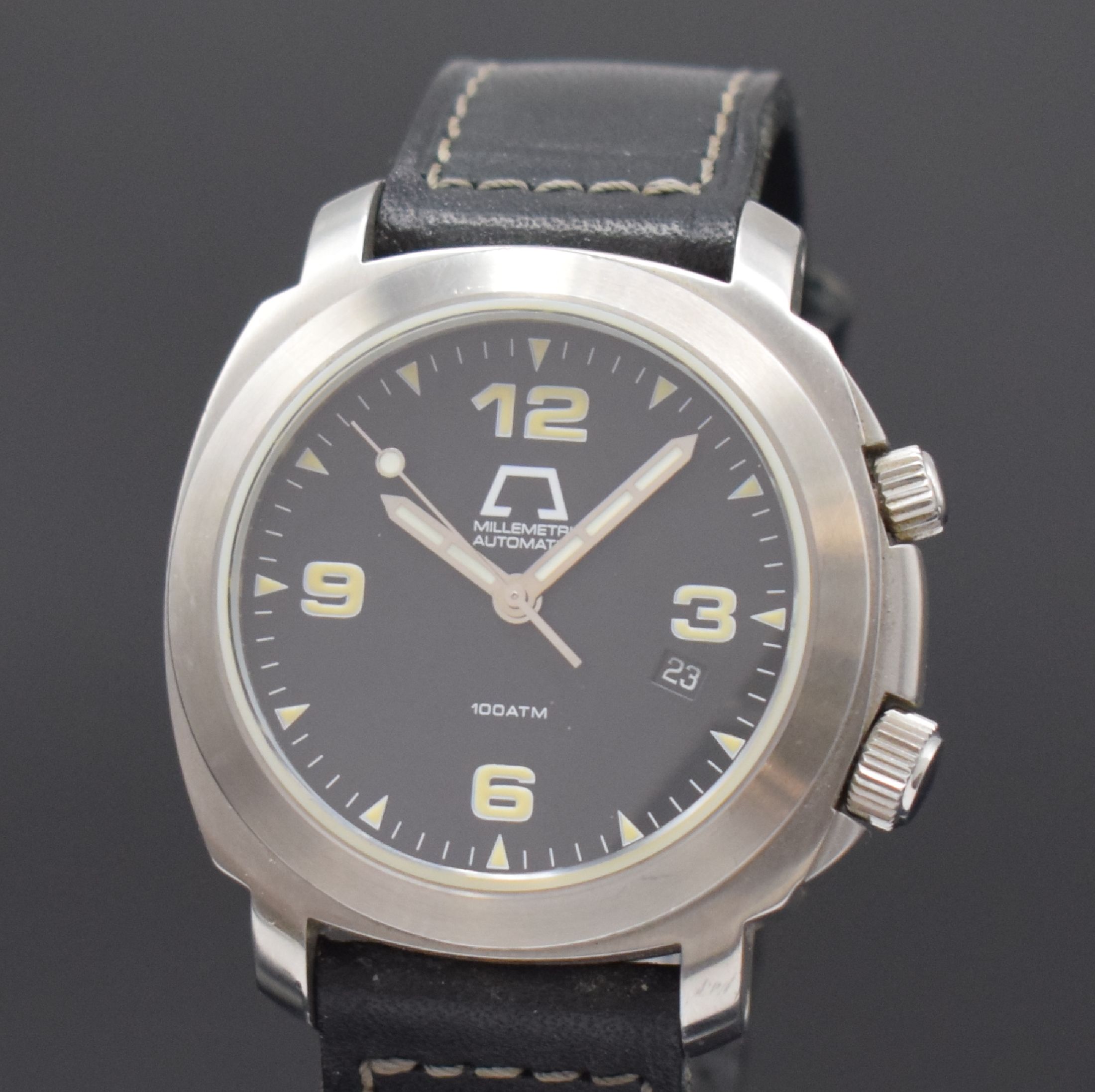 Detail a: ANONIMO Millemetri Trilogeo auf 210 Stück limitierte Herrenarmbanduhr in Stahl, Italien um 2002, Automatik, Boden u. Krone verschr., Lederband m. ...