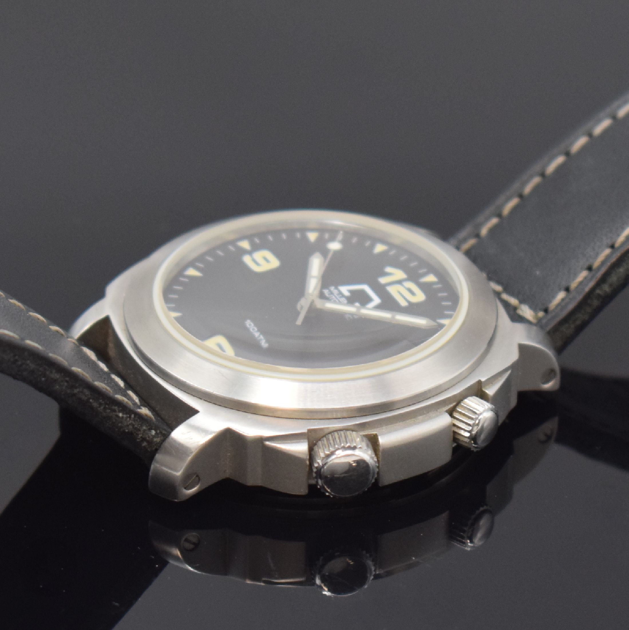 Detail b: ANONIMO Millemetri Trilogeo auf 210 Stück limitierte Herrenarmbanduhr in Stahl, Italien um 2002, Automatik, Boden u. Krone verschr., Lederband m. ...