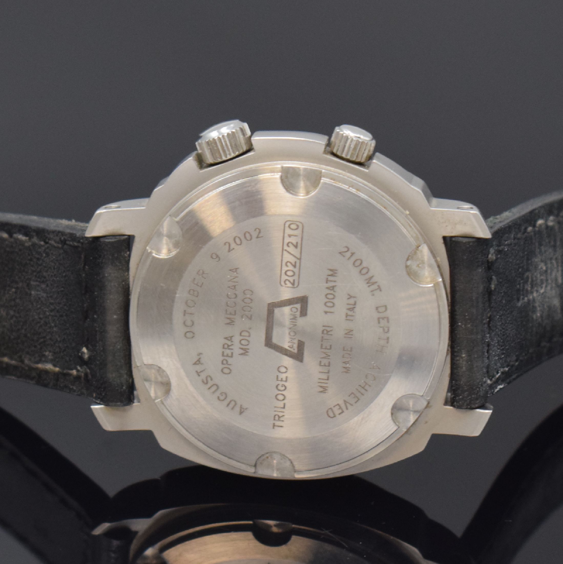 Detail d: ANONIMO Millemetri Trilogeo auf 210 Stück limitierte Herrenarmbanduhr in Stahl, Italien um 2002, Automatik, Boden u. Krone verschr., Lederband m. ...