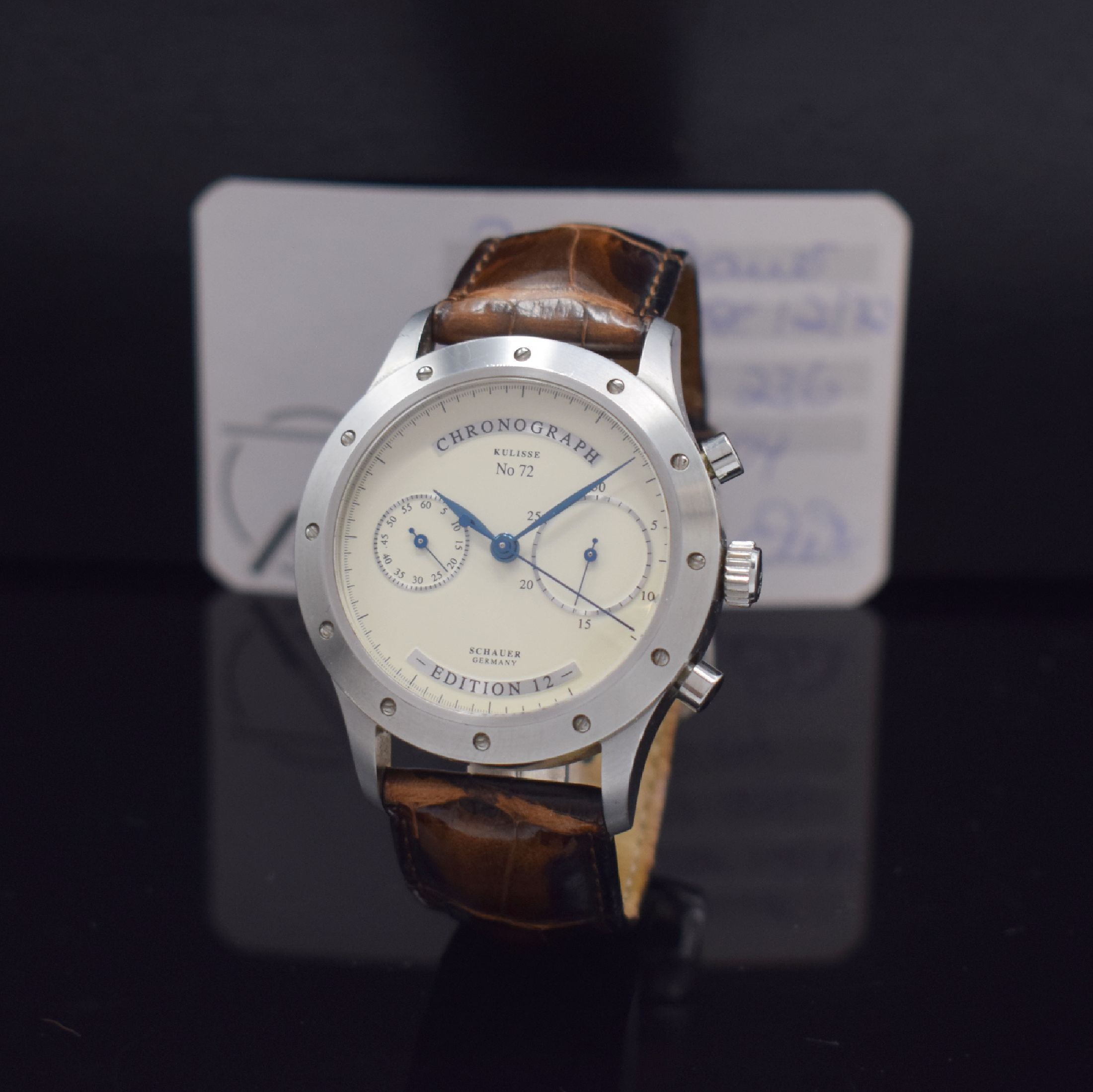 SCHAUER Kulisse Edition 12 Armbandchronograph in Stahl, Deutschland verk. lt. beil. Pap. 06/2004, Automatik, beids. verg. Geh., Boden verschr., orig. ...
