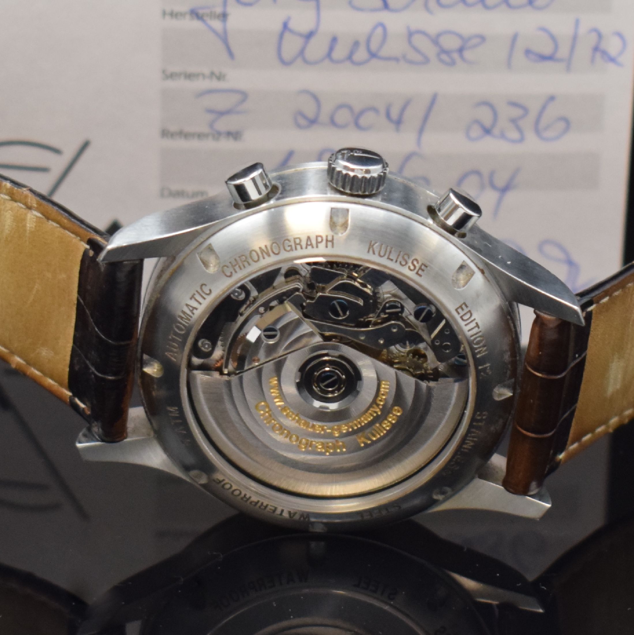 Detail c: SCHAUER Kulisse Edition 12 Armbandchronograph in Stahl, Deutschland verk. lt. beil. Pap. 06/2004, Automatik, beids. verg. Geh., Boden verschr., orig. ...