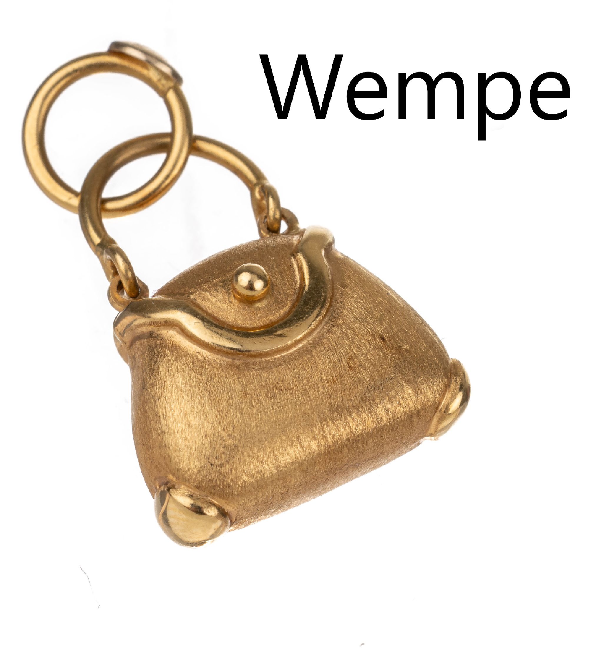 18 kt Gold WEMPE Anhänger in Form einer Handtasche, GG 750/000, sign., ausgefallen, Tragegriff umklappbar, total ca. 2.8 g, L. ca. 2.5 cm
