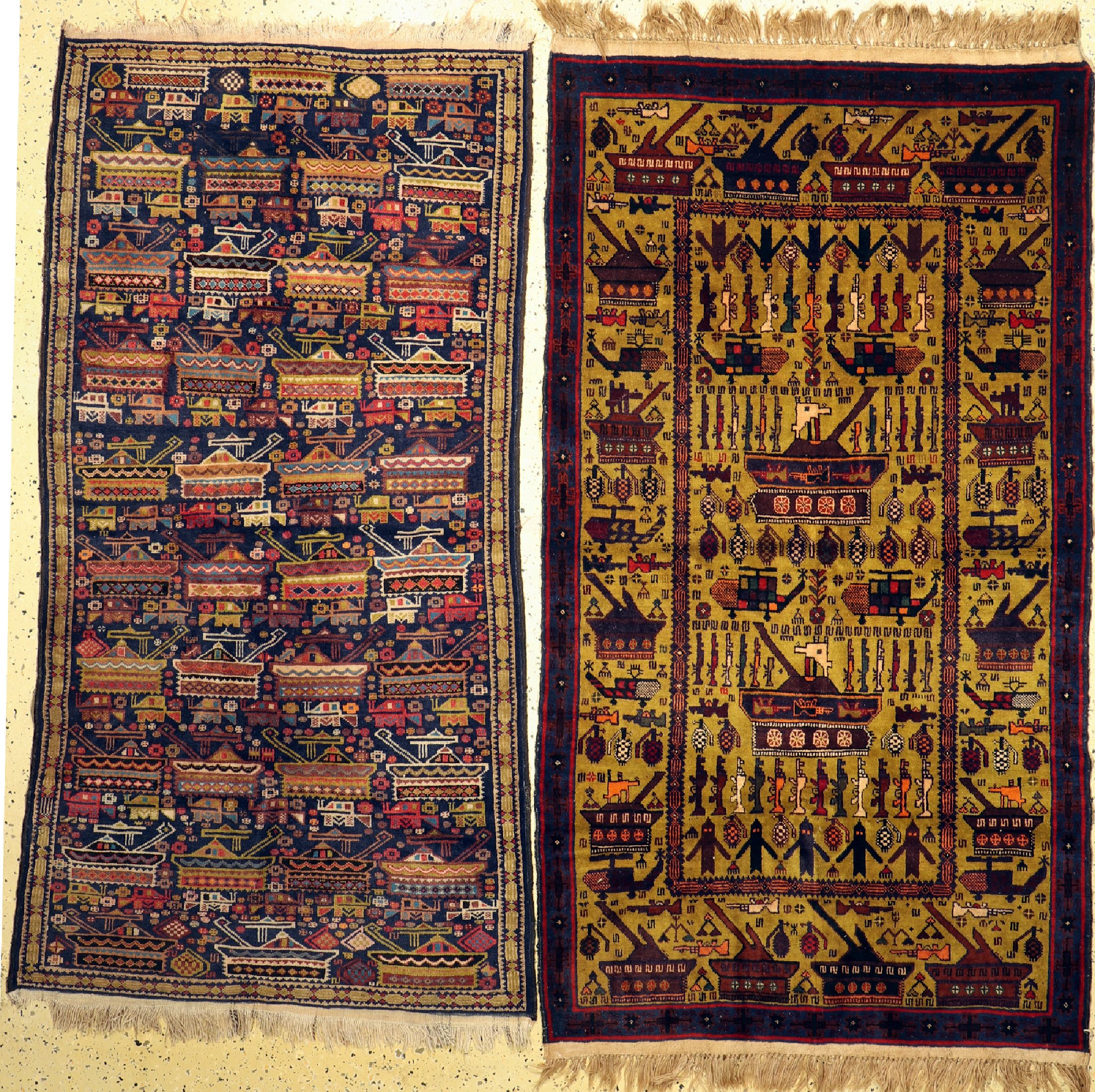 Paar Zakini"Kriegsteppich", Afghanistan, um1960, Wolle auf Wolle, ca. 205 x 111 cm, Mottenfraß, EHZ: 2