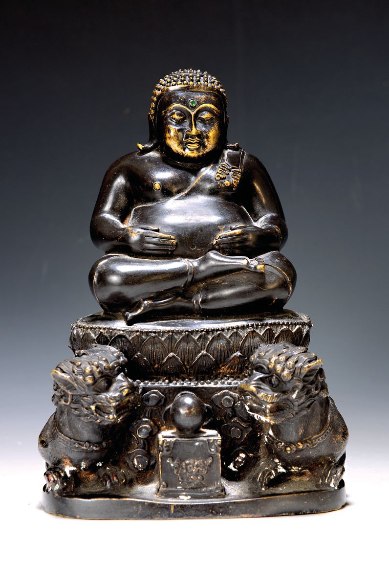 Paryankasa Glücksbuddha, Burma, 20. Jh., Bronze, vollplastische Darstellung, dhyana mudra der Weisheit und des Mitleids, getreppter Lotussockel mit ...