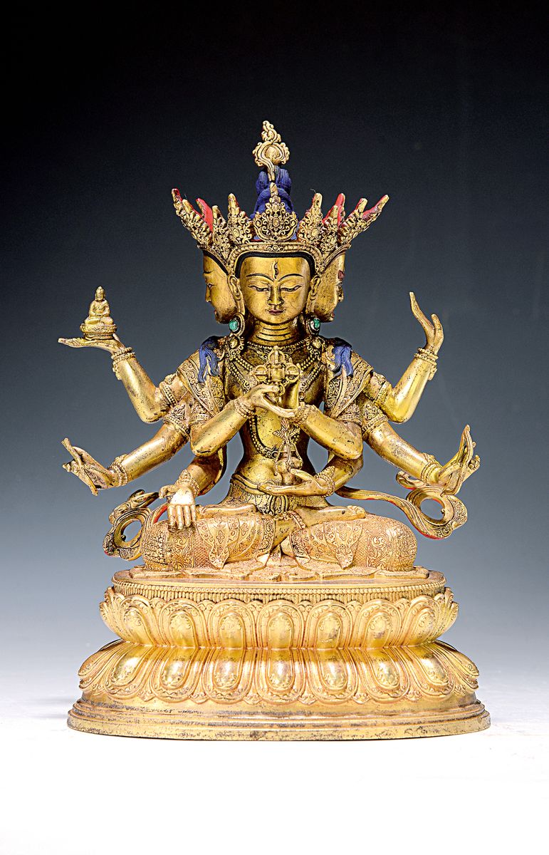 Göttin Usnisavijaya Tibet, um 1920, Bronze, sehr feiner Guß, drei Gesichter, acht Arme mit Attributen, mit Kronen, Schmuck und Vergoldung, sehr ...