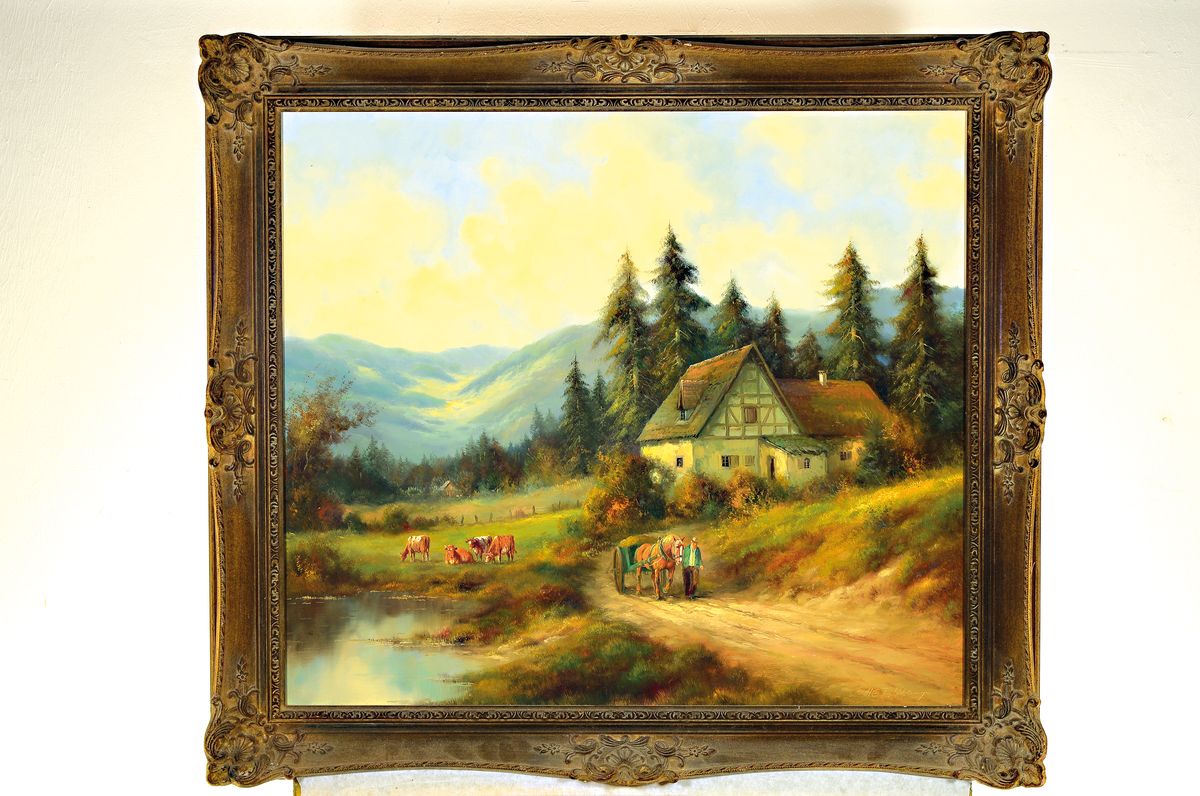 Detail k: Heinrich E. Feldkamp, geb. 1932 Duisburg, Ländliches Idyll mit Bauernhaus, weidenden Kühen und Bauer mit Pferdefuhrwerk, Öl/Lwd, rechts unten ...
