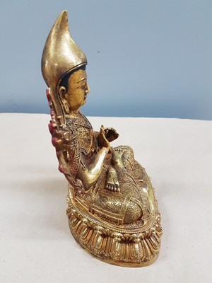 26711876d - Tsongkapha, Tibet, 20th century, bronze, on a double lotus base, very finely crafted robe, partly painted, good condition, approx. 21 x 13 x 11 cm