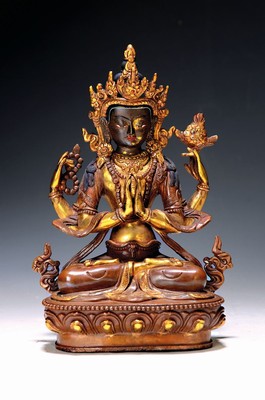 Image 26711886 - Avalokiteshvara/Buddha, Tibet, around 1900/20, bronze, sitting on lotus throne, partly painted, partly gilded, crown and decorated robe, approx. 22 x 13 x 9 cm, rubbed