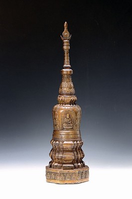 Image 26711887 - Stupa, bronze, Tibet, 20th century, base with 24 Buddha images in relief, further Buddha images on the bell, a total of 84 Buddhas, closed base, approx. 40 x 10.5 x 10.5 cm