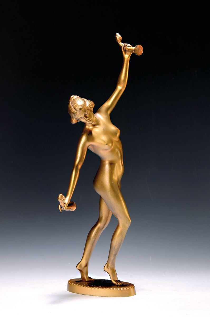 Bronzeskulptur von Erich Saalmann, tätig in Berlin um 1900-1930, tanzender weiblicher Akt, goldfarben patiniert, signiert, H. ca. 40cm