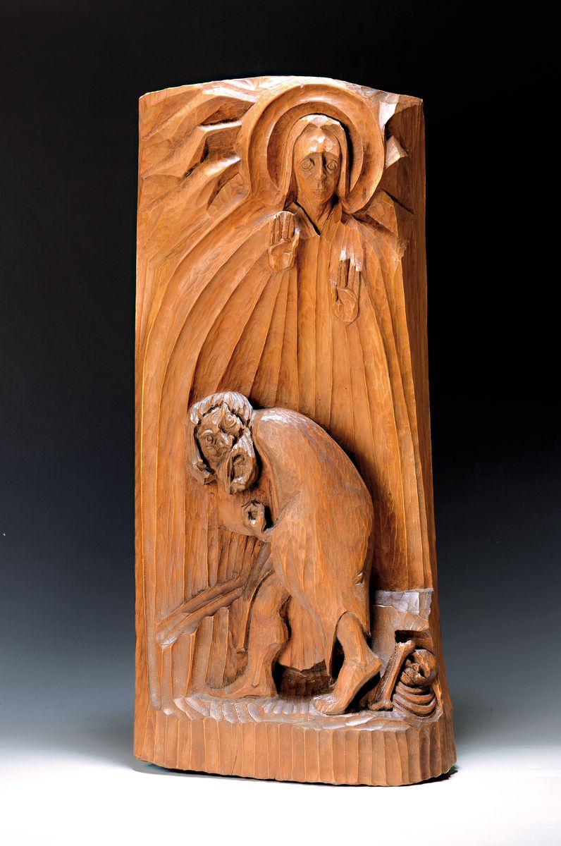 Holzrelief, signiert Mader, datiert 52, Lindenholz geschnitzt, gebeugter Schmerzensmann unter dem Mantel Christi, rückseitig signiert und dat., ca. ...