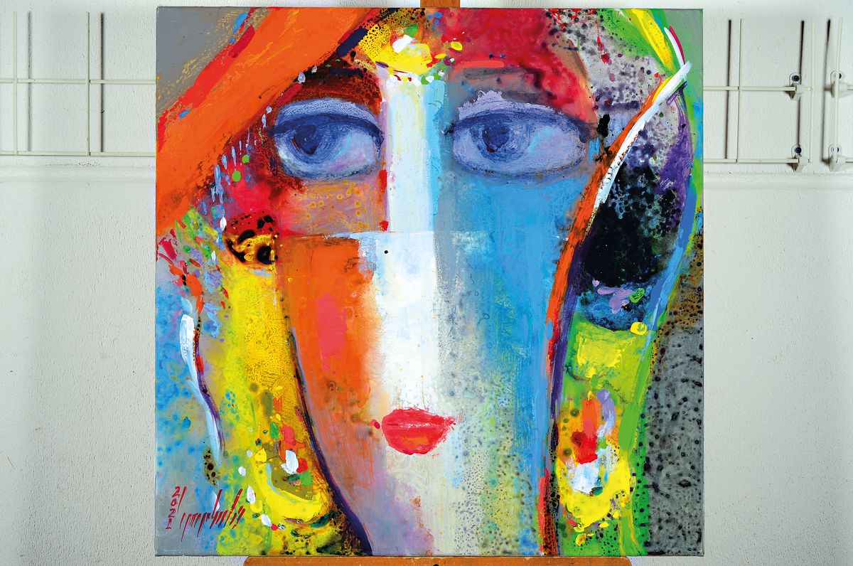 Abbas Al Mosawi, geb. 1952 Bahrain, Schüler vom Ahmed Baqer, Öl/Lwd, abstrakter Kopf, sign., dat., ca. 70x70 cm