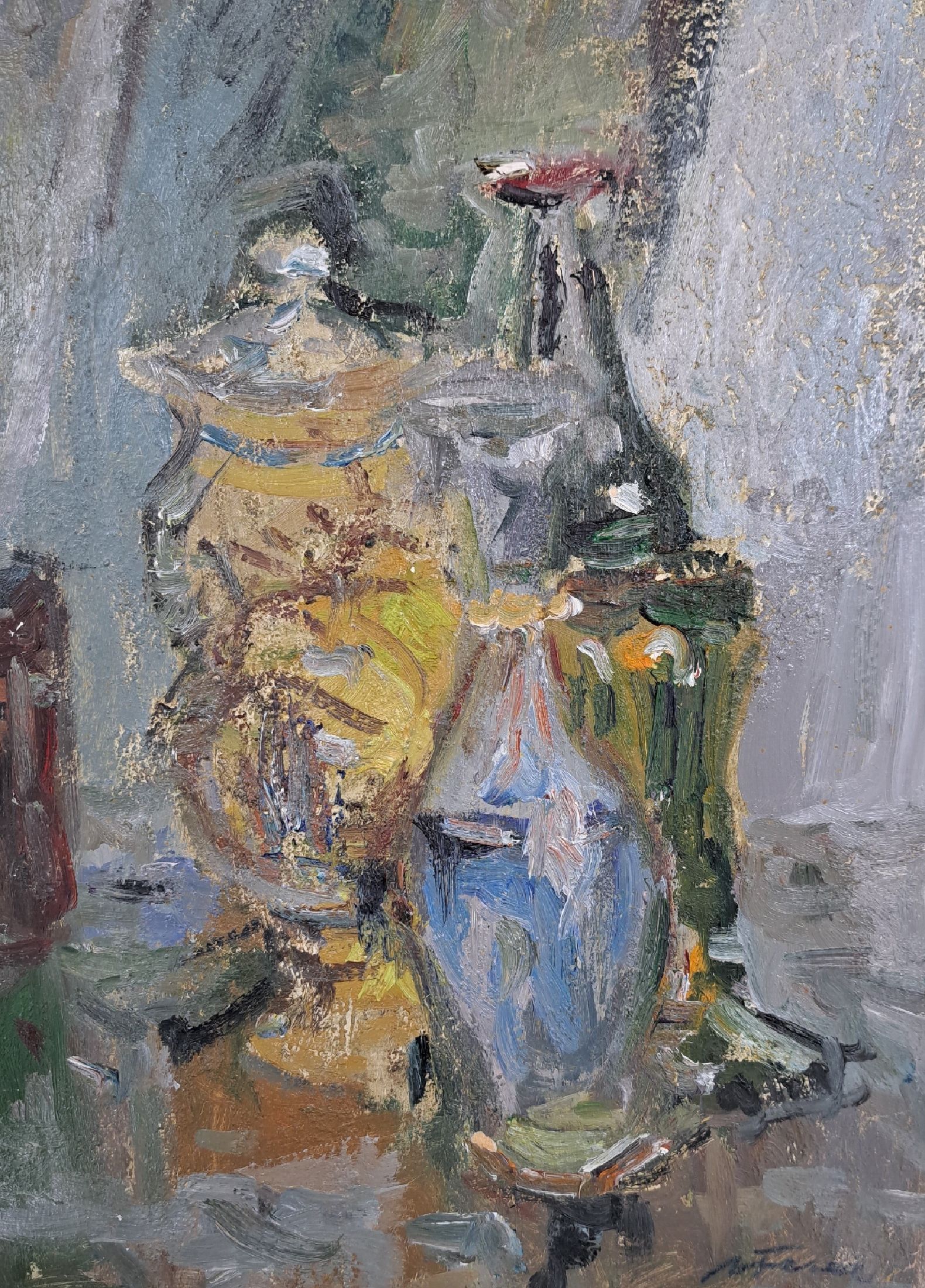 Albert Feser, 1901-1993, Öl/Hartfaserplatte, um 1980, verso mit Nachlasstempel, betitelt "Krüge", 38x28 cm, PP, ca. 50x40, Provenienz: ...