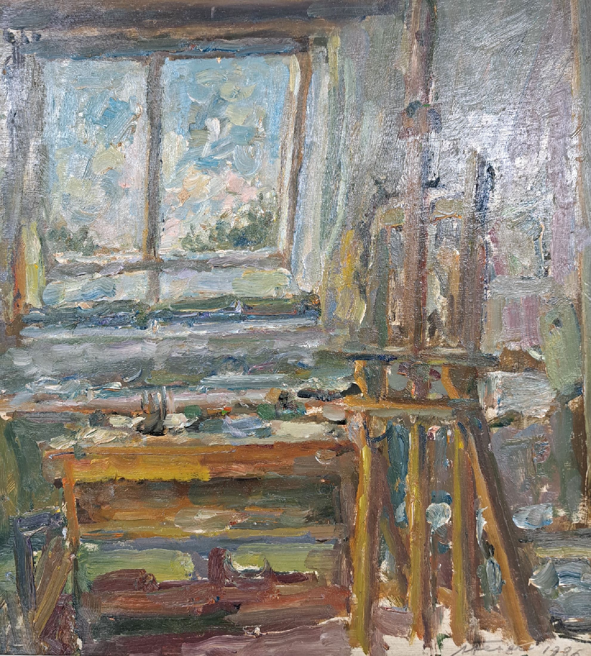 Albert Feser, 1901-1993, Öl/Hartfaserplatte, um 1986, verso mit Nachlasstempel, betitelt "Im Atelier", 40,5x39cm, PP, 60x50cm Provenienz: ...