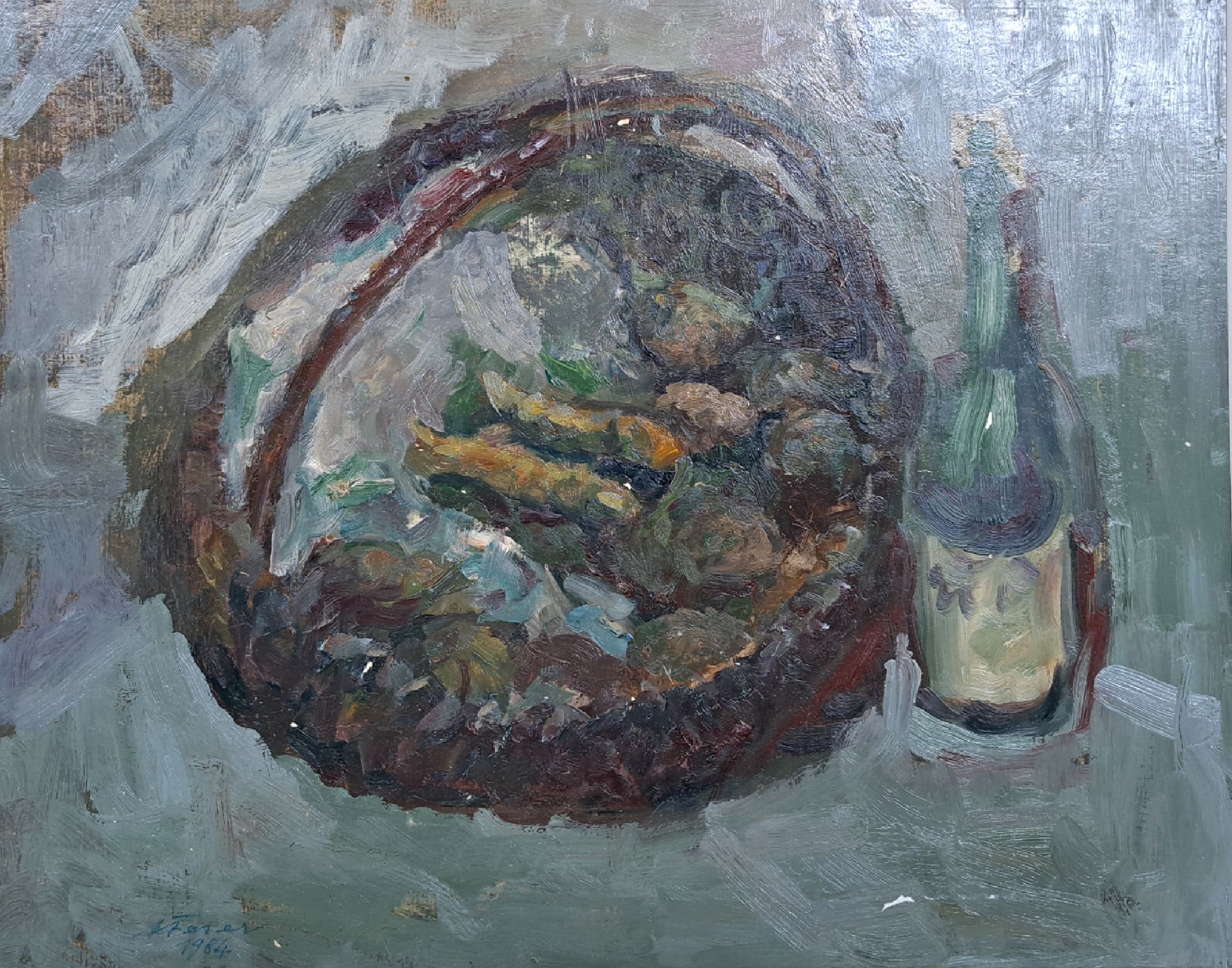 Albert Feser, 1901-1993, Öl/Hartfaserplatte, um 1984, verso mit Nachlasstempel, betitelt "Obstkorb mit Weinflasche, 40,5x50,PP ca. 50x60cm ...