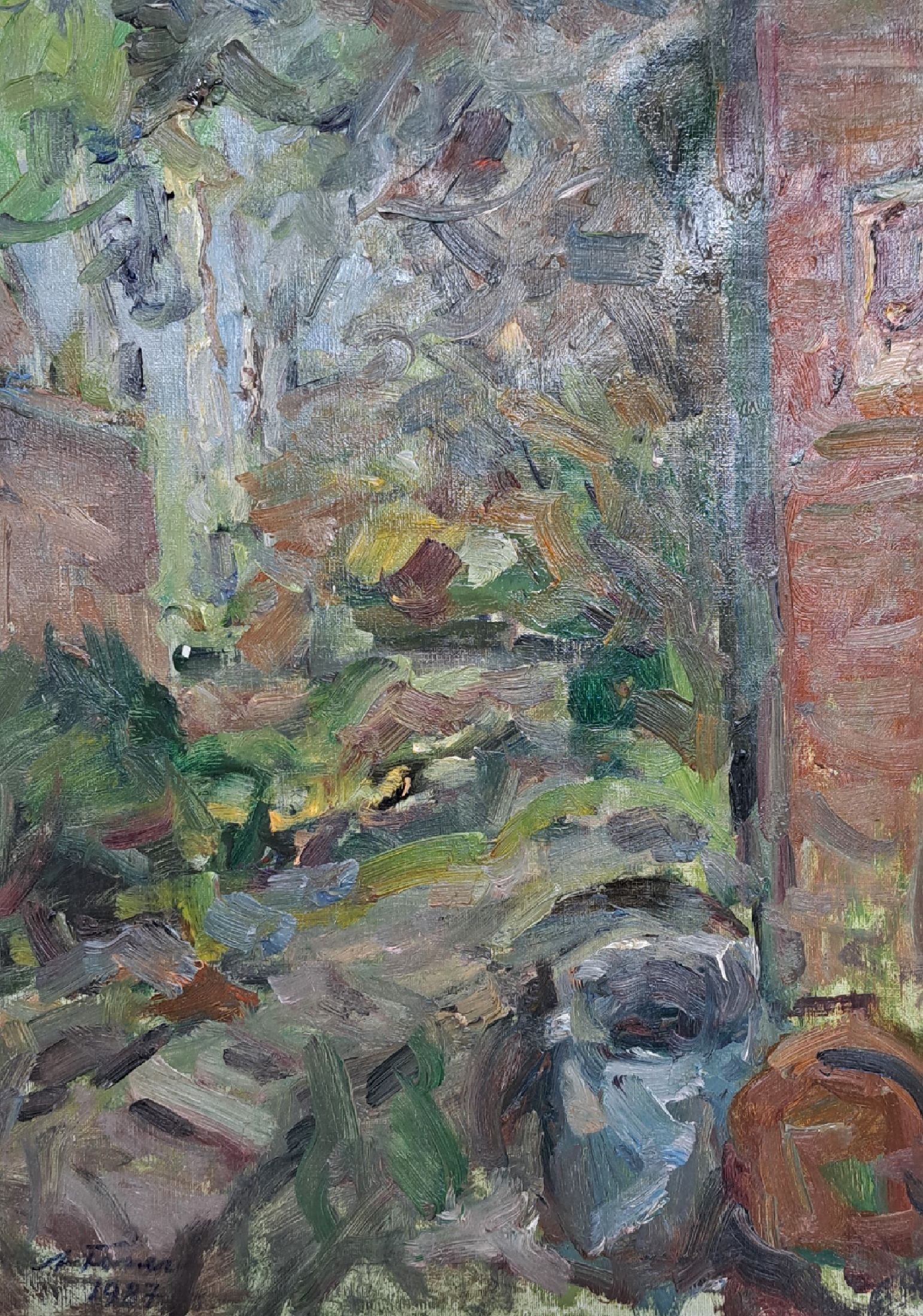 Albert Feser, 1901-1993, Öl/Hartfaserplatte, um 1987, verso mit Nachlasstempel, betitelt "Droysenstraße- Häuserecke mit ...