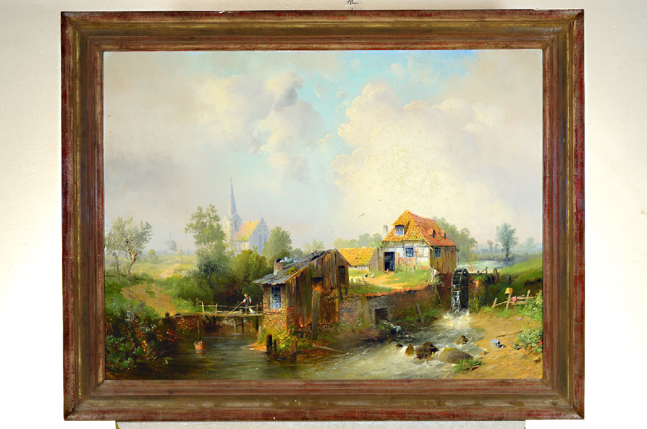 Paul Köster, 1855 Bremen-1946 Düsseldorf, Ländliche Idylle mit Bauernhäusern und einer Kirche im Hintergrund, Öl/Lwd, rest., doubl., links unten ...