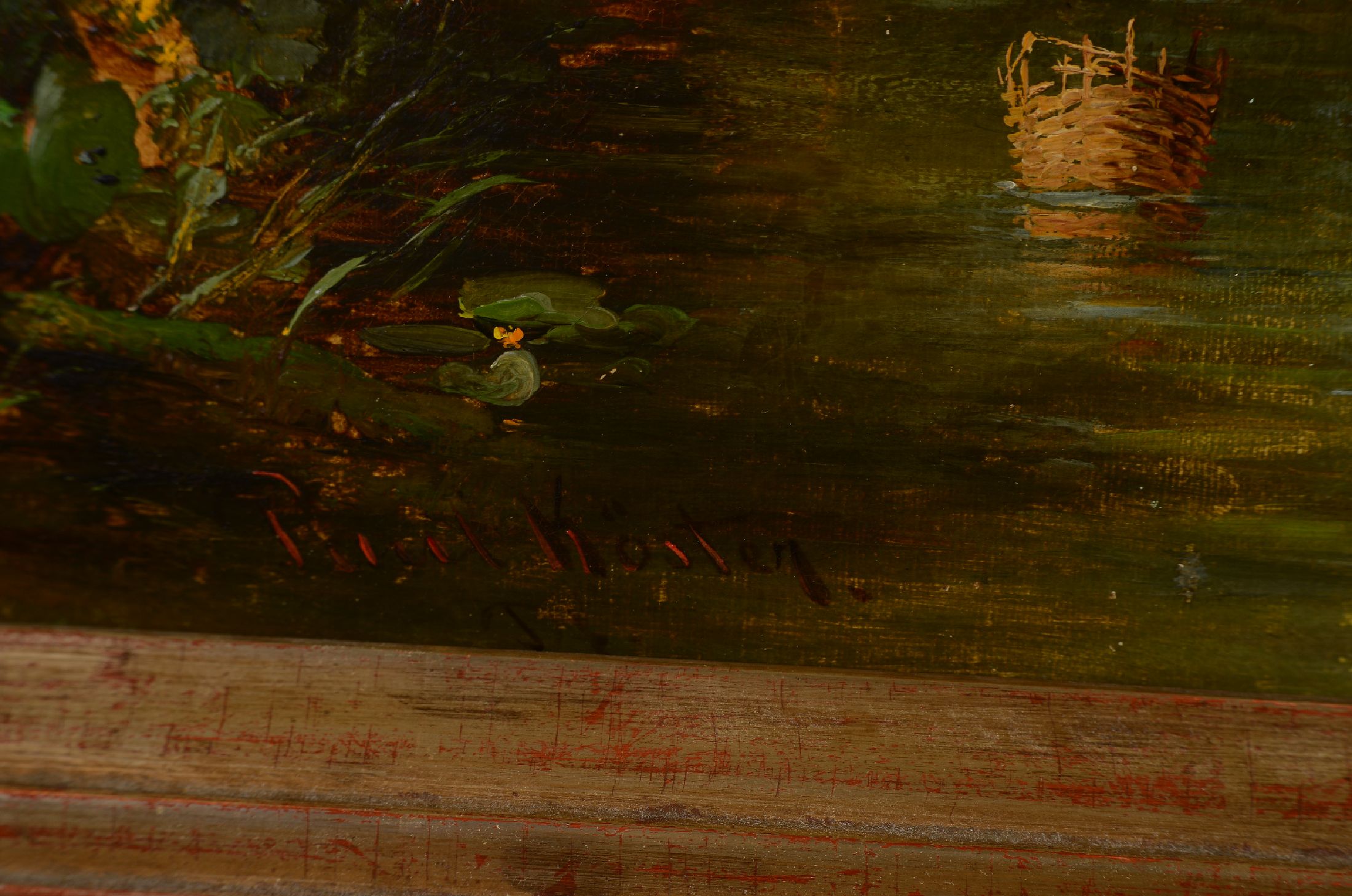 Detail a: Paul Köster, 1855 Bremen-1946 Düsseldorf, Ländliche Idylle mit Bauernhäusern und einer Kirche im Hintergrund, Öl/Lwd, rest., doubl., links unten ...
