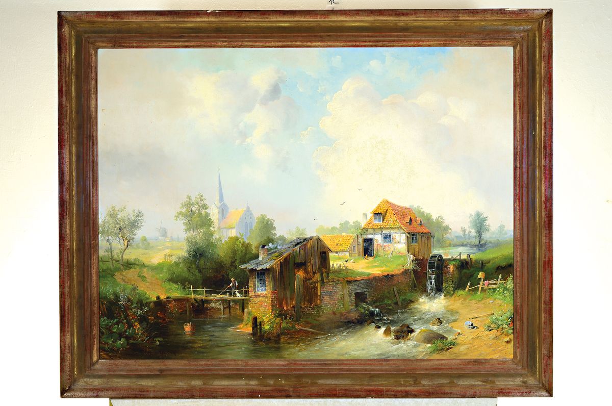 Detail k: Paul Köster, 1855 Bremen-1946 Düsseldorf, Ländliche Idylle mit Bauernhäusern und einer Kirche im Hintergrund, Öl/Lwd, rest., doubl., links unten ...
