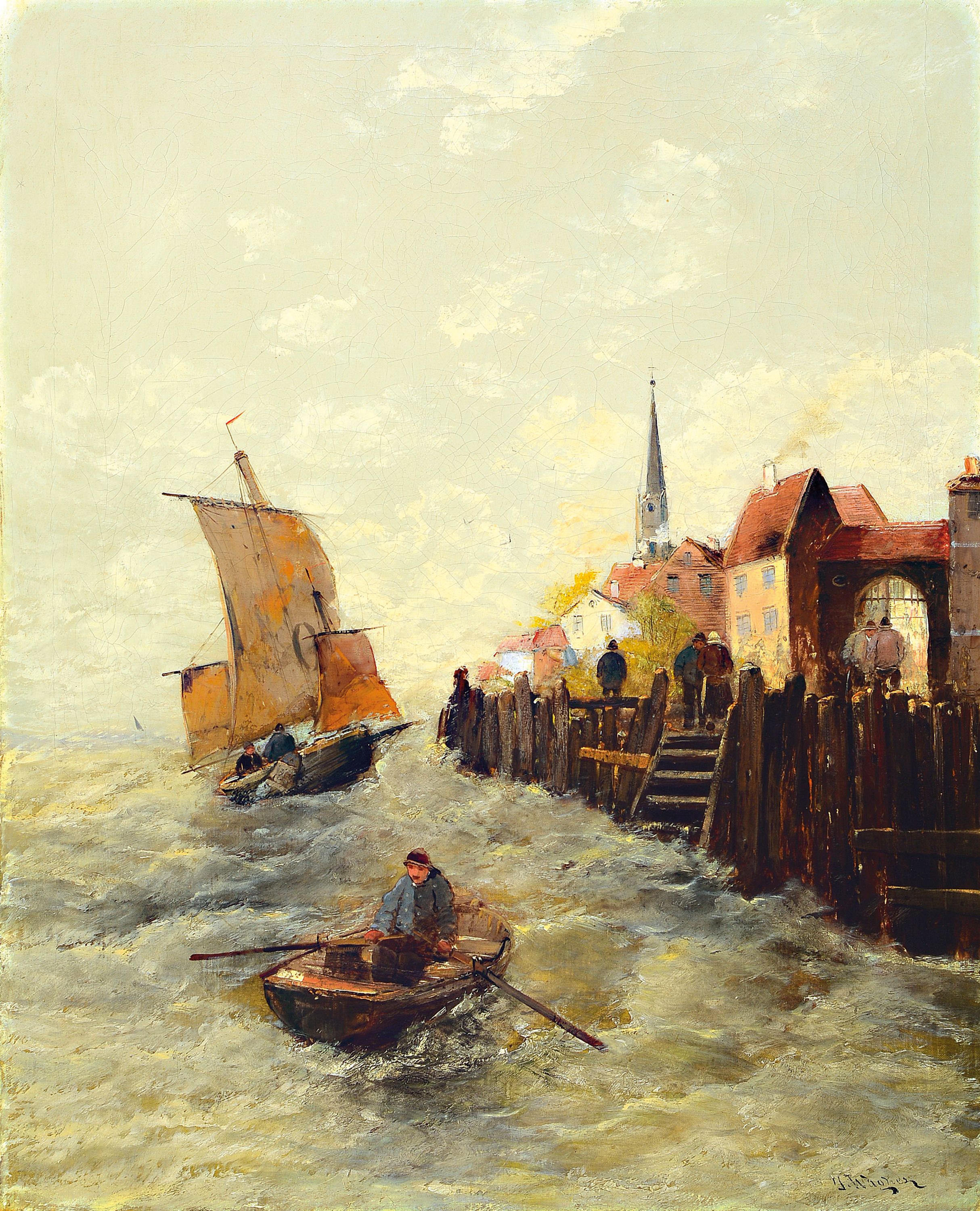 Georg Fischhof, 1859-1914 Wien, 2 Pendants: Fischerboote auf stürmischer See vor dem Hafen, Öl/Lwd, rest., doubliert, beide signiert mit dem ...