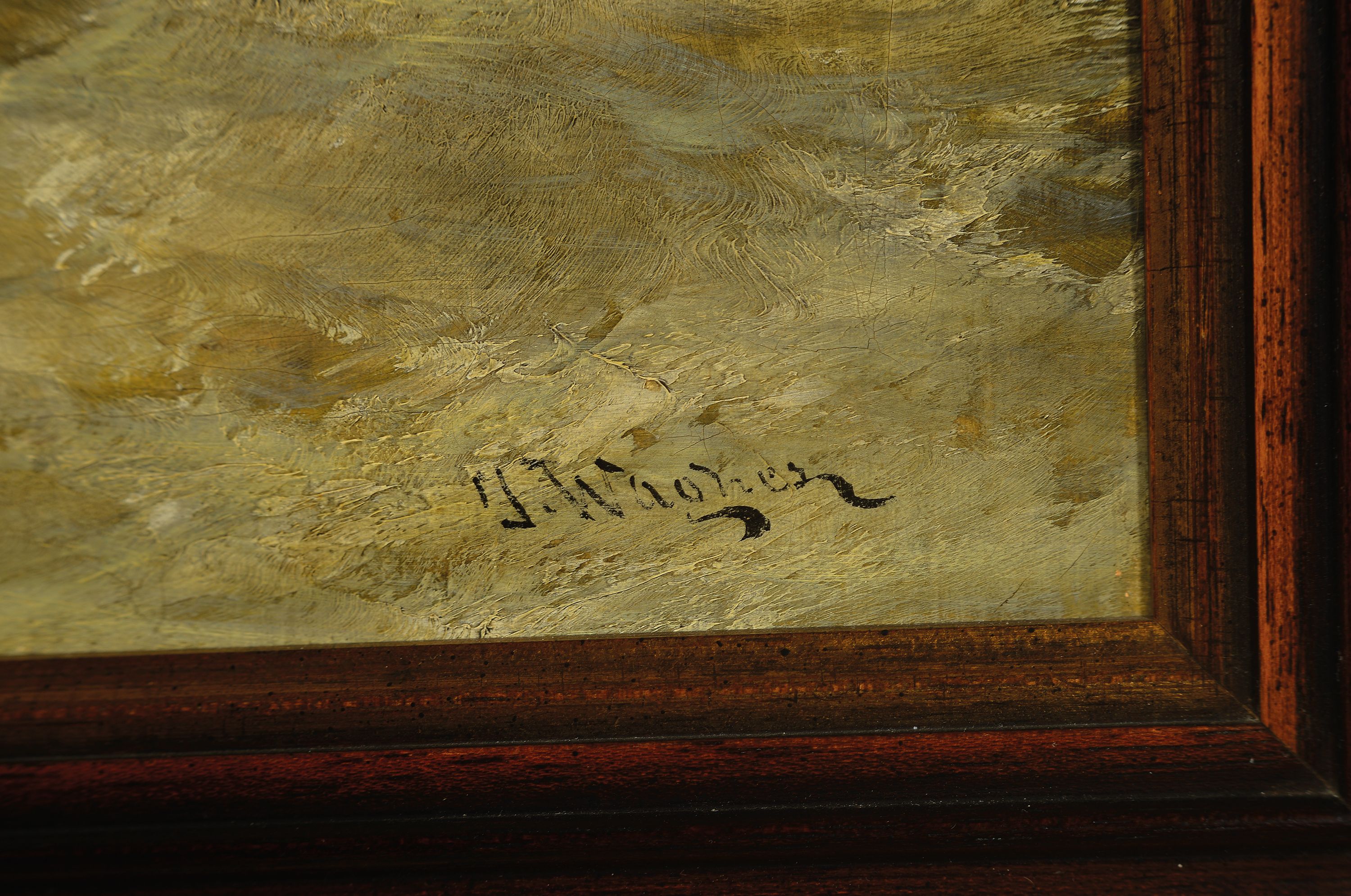 Detail a: Georg Fischhof, 1859-1914 Wien, 2 Pendants: Fischerboote auf stürmischer See vor dem Hafen, Öl/Lwd, rest., doubliert, beide signiert mit dem ...