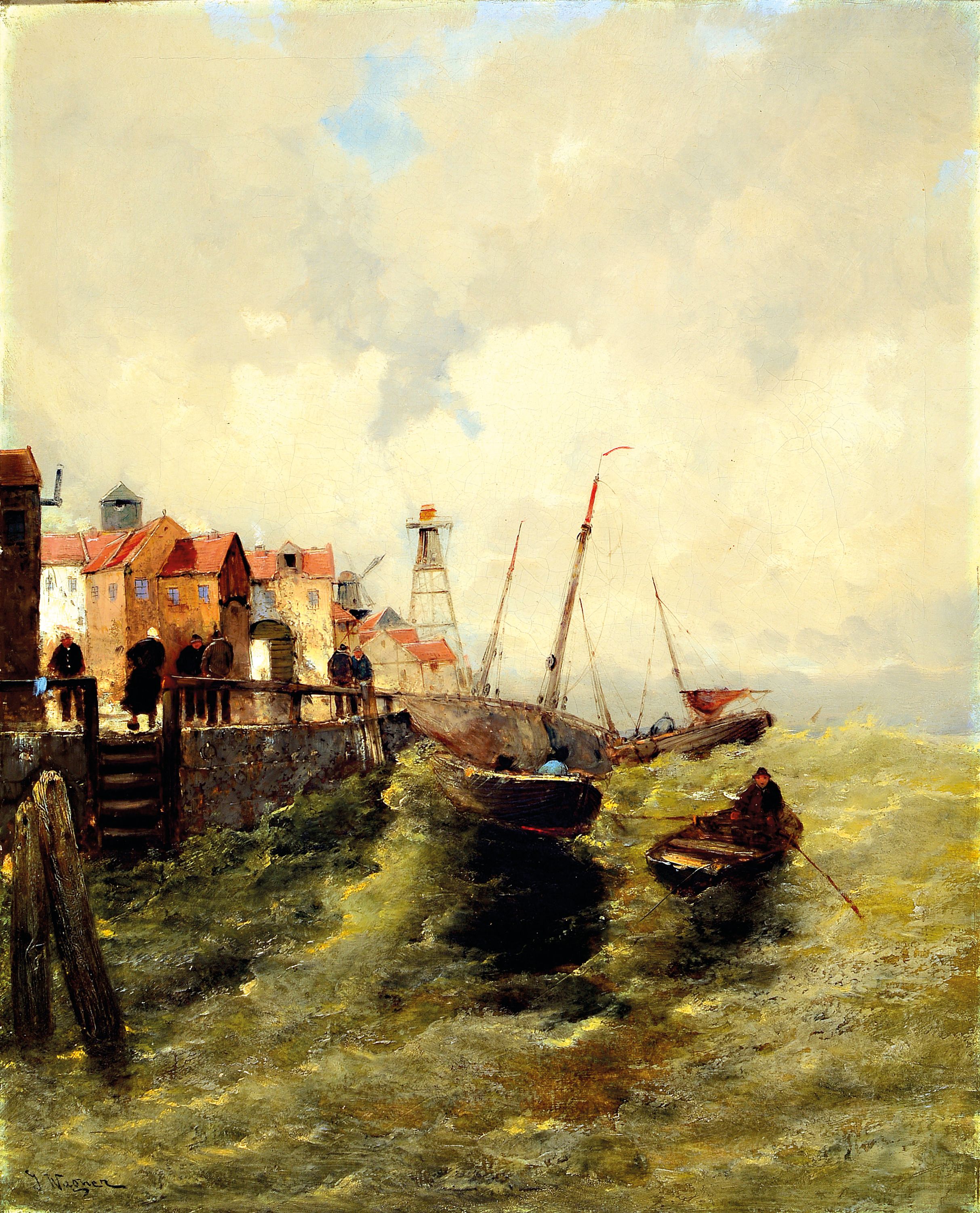 Detail b: Georg Fischhof, 1859-1914 Wien, 2 Pendants: Fischerboote auf stürmischer See vor dem Hafen, Öl/Lwd, rest., doubliert, beide signiert mit dem ...