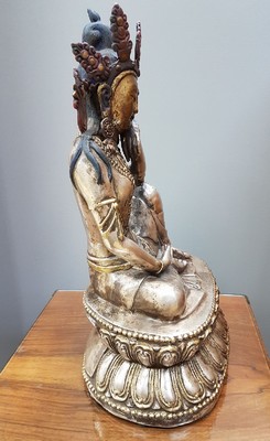 26712036d - Large seated Tara, Tibet, 19th century, silver-plated bronze, based on a Ming model. painted, on a double lotus base, fine casting, expressive, approx. 4590 g, 38 x 23.5 x 17.5 cm, from a German private collection
