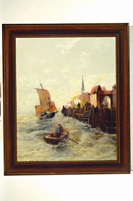 26712095k - Georg Fischhof, 1859-1914 Vienna, 2 counterparts: fishing boats on a stormy sea infront of the harbor, oil/canvas, rest., lined,both signed with the pseudonym J. Wagner, eachapprox. 68x56cm, frame approx. 80x67cm