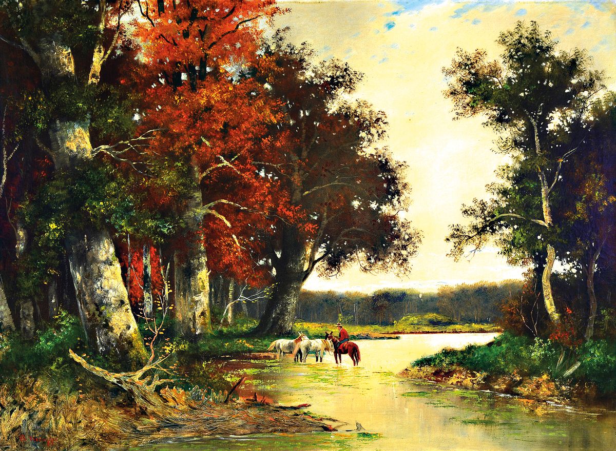 Alois Arnegger, 1879-1963 Wien, Herbstliche Landschaft mit Pferden und Pferdeführer an der Tränke, Öl/Lwd, links unten signiert, ca. 75x100cm, R. ...