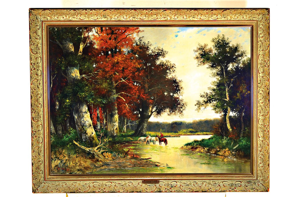 Detail k: Alois Arnegger, 1879-1963 Wien, Herbstliche Landschaft mit Pferden und Pferdeführer an der Tränke, Öl/Lwd, links unten signiert, ca. 75x100cm, R. ...