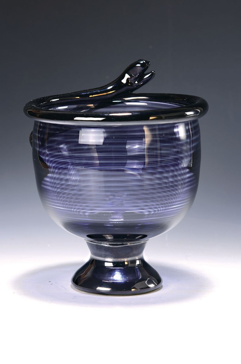 Schale, Ulrica Hyndman-Vallien (1938-2018), Kosta Boda Schweden, farbloses Glas mit violett eingeschmolzenen Streifen, Fuß und oberer Rand schwarzes ...
