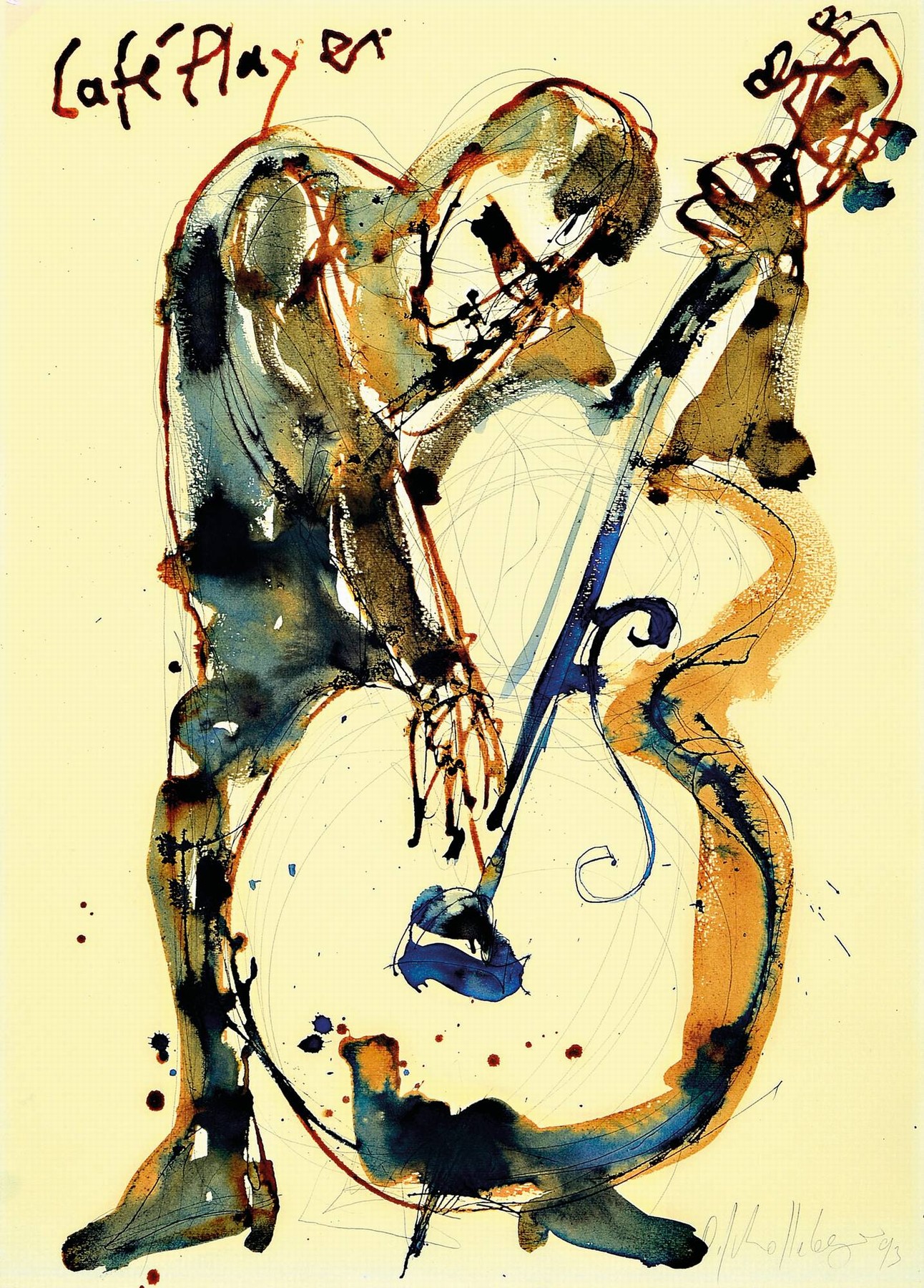 Detail a: Oliver Schollenberger, geb. 1961 Ludwigshafen/Rhein, 3 Aquarelle auf Papier, 1)CaféPlayer,rechts unten sign. und dat. 93, ca. 69x50cm, PP, u.Gl., R. ...