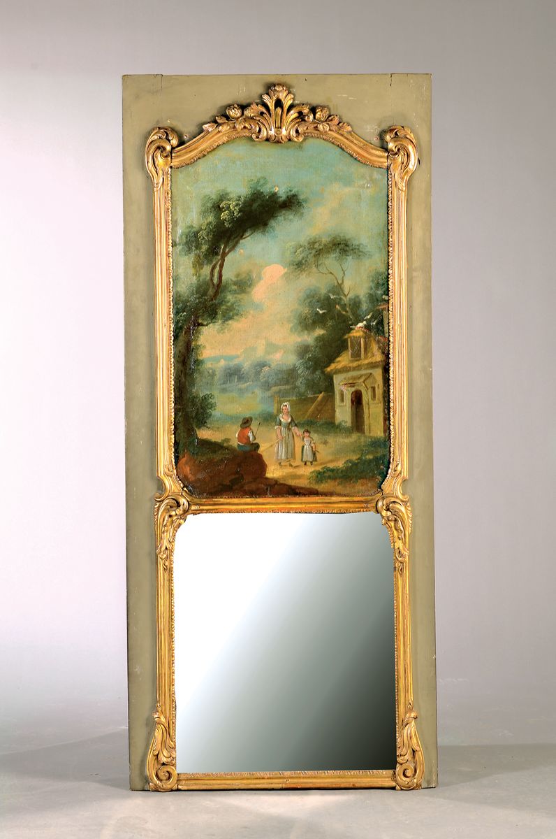 Trumeau, wohl Elsass, um 1780, Holzrahmen geschnitzt, Rocaillen- und Blumenmotive, grün-grau gefaßt, z.T. vergoldet, im oberen Teile, Ölgemälde ...