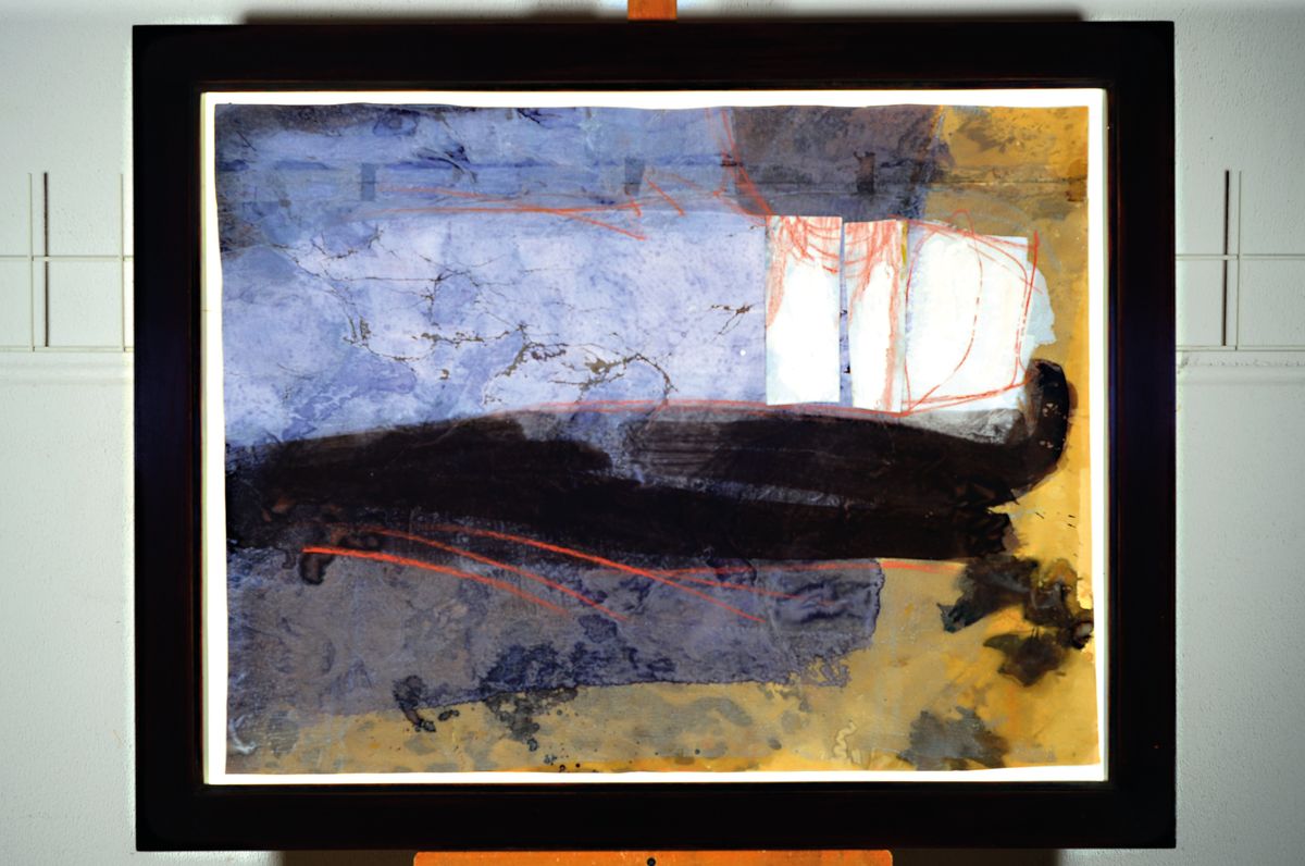 Hildegard Burhenne, 1915 Karlsruhe - 2000, Mischtechnik/Collage auf Papier, "Moriskentanzblau I" so verso bez., 1987, links unten ...