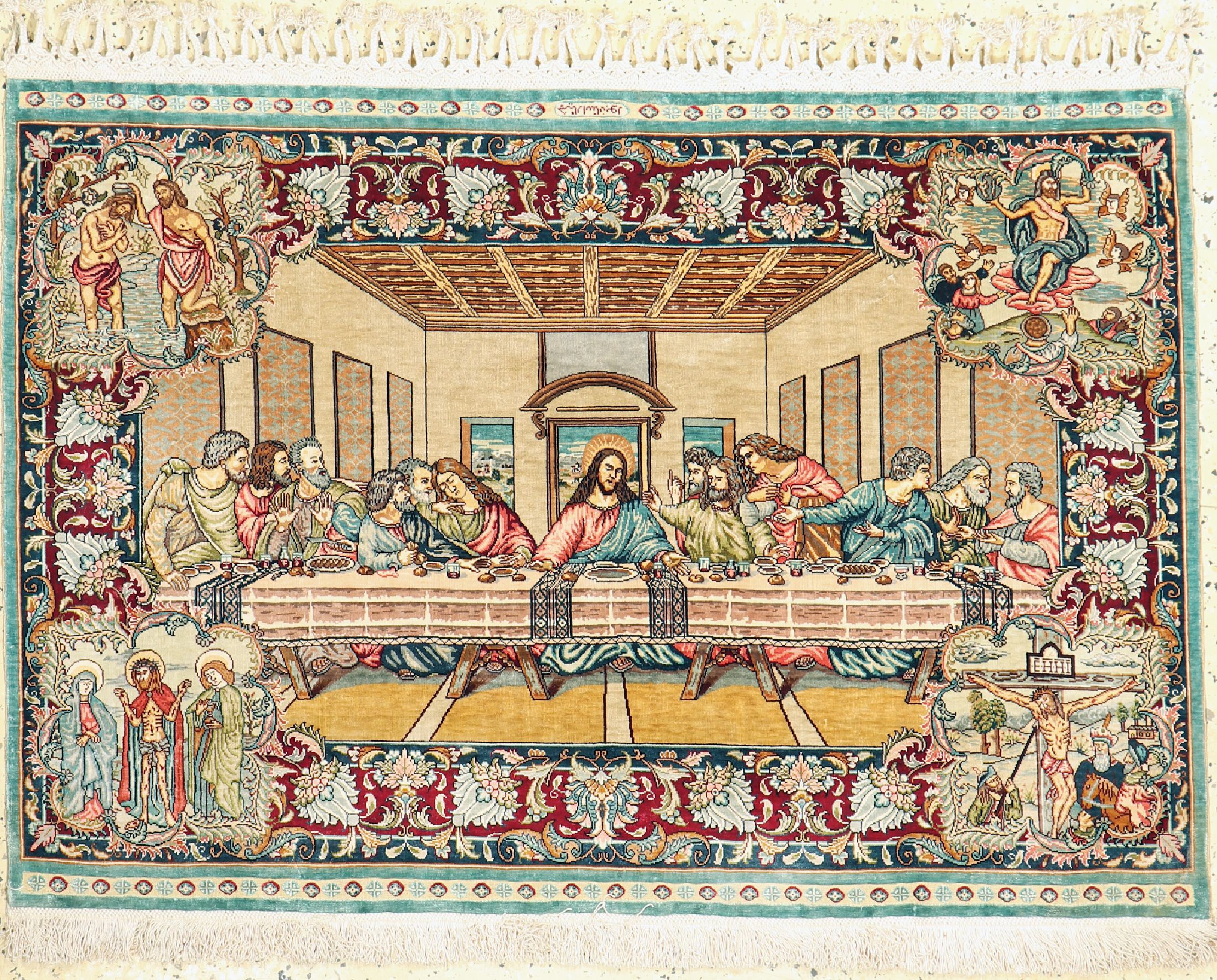 Istanbul Seide signiert Türkei, "Das letzteAbendmahl", um 1960, reine Naturseide, ca. 120x 84 cm, EHZ: 1
