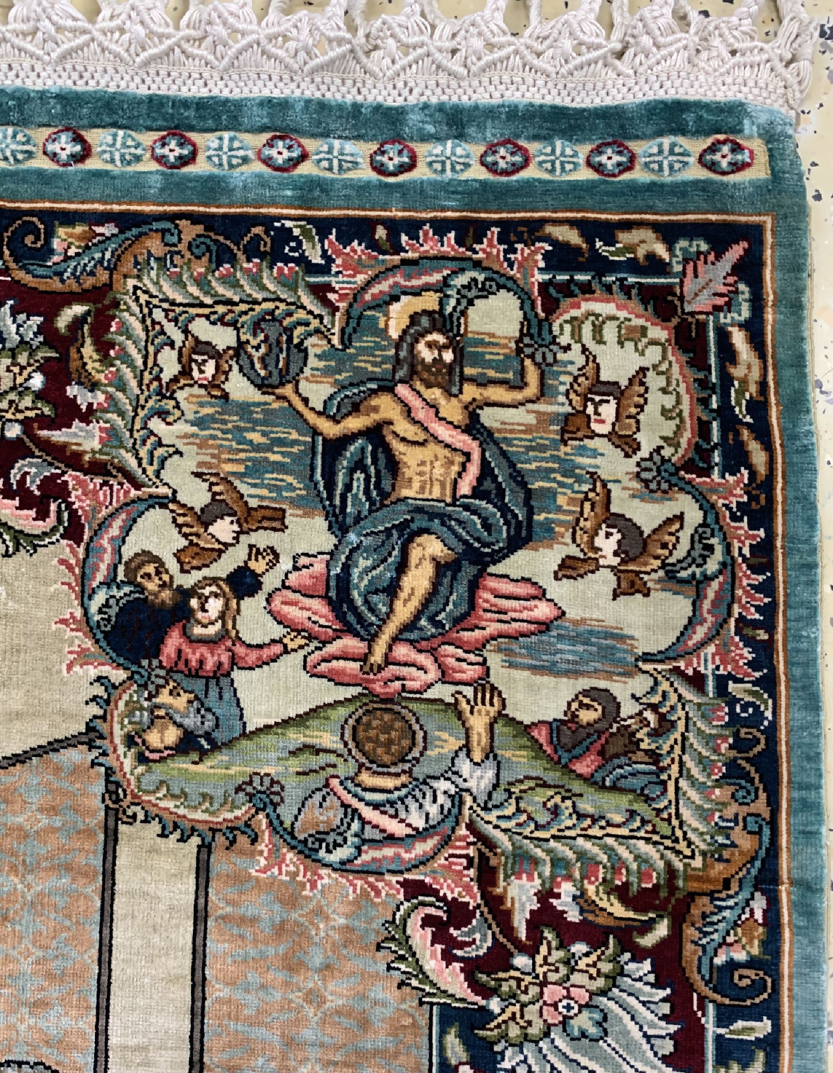 Detail b: Istanbul Seide signiert Türkei, "Das letzteAbendmahl", um 1960, reine Naturseide, ca. 120x 84 cm, EHZ: 1